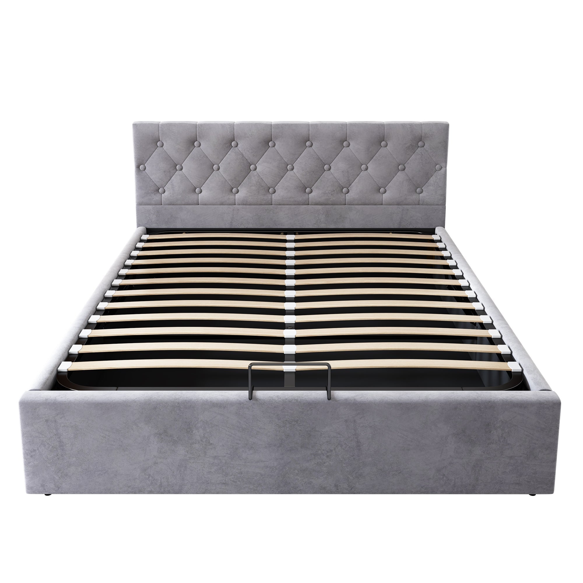 Velvet Upholstered Double Bed with Hydraulic Storage, Grey