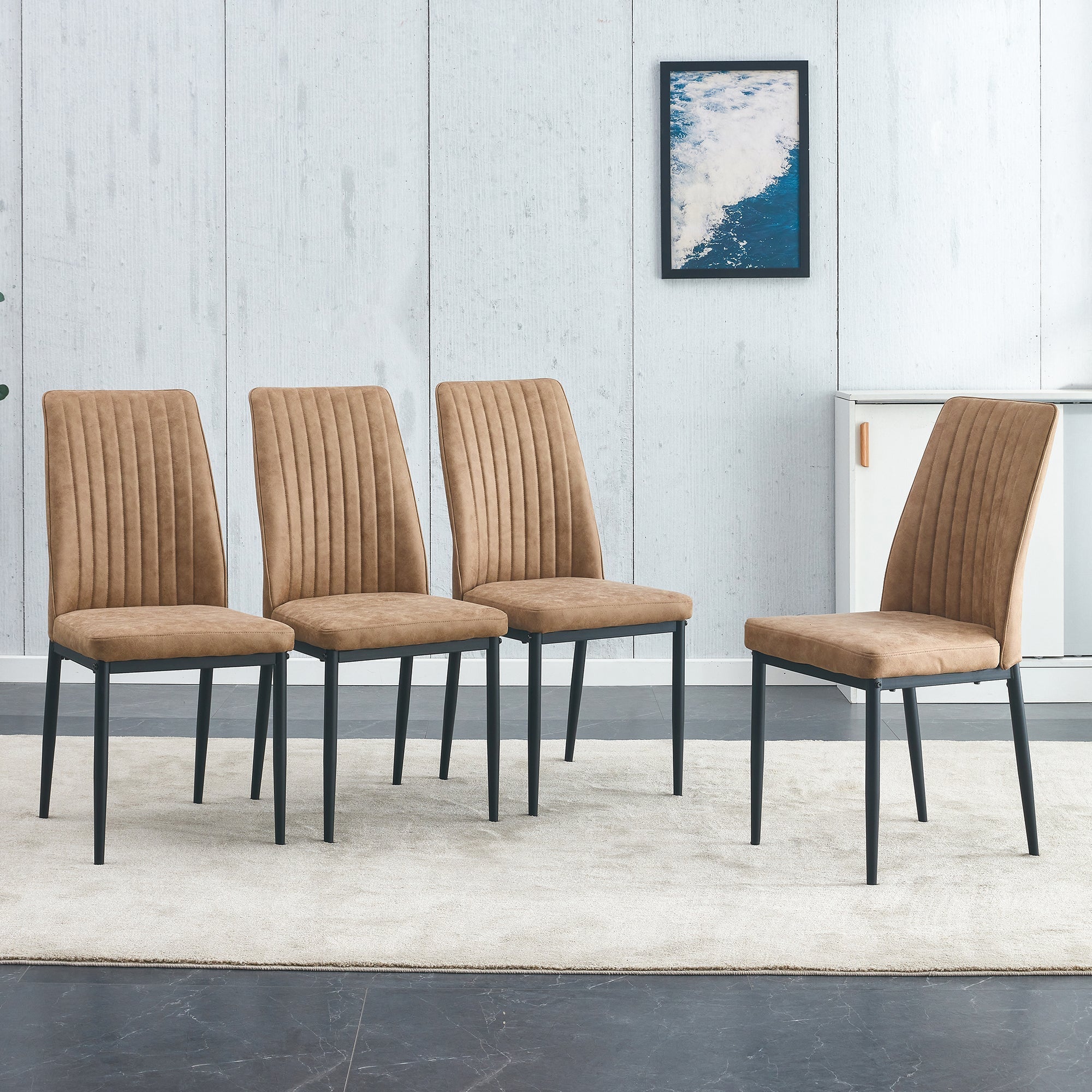 4-Piece Dining Chair Set Vertical Pattern Black Metal Legs - Brown Technology Cloth
