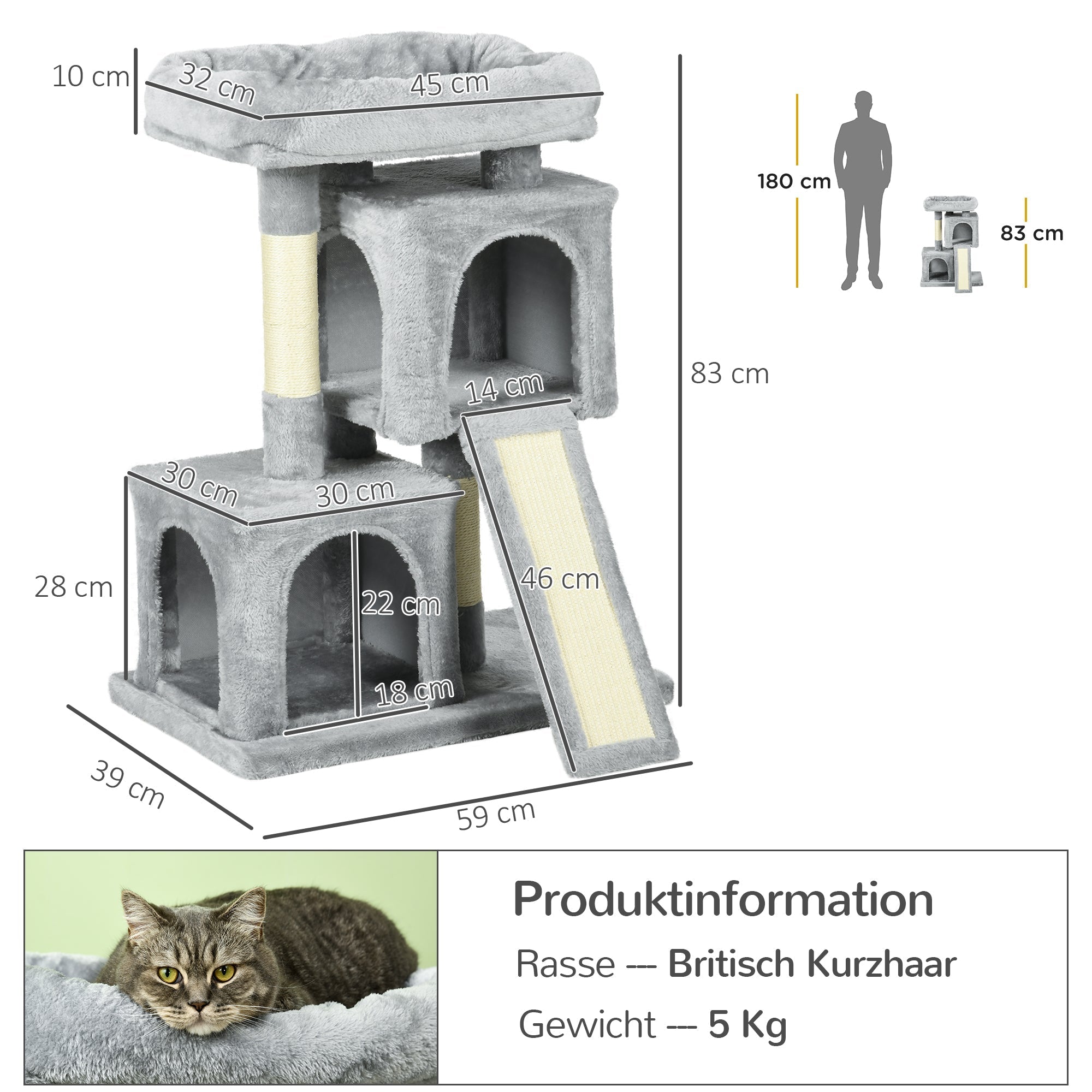 Katzenbaum, Sisalstämme, Kratzbrett, Hellgrau