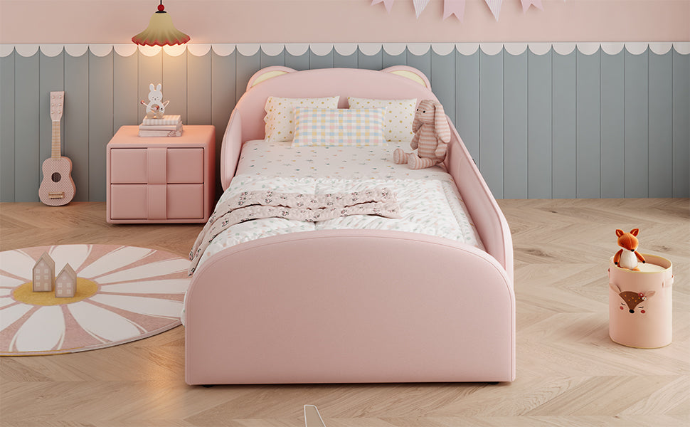 Upholstered Children's Bed with Bear-Shaped Headboard and Matching Bedside Table, 90x200cm, Pink Velvet