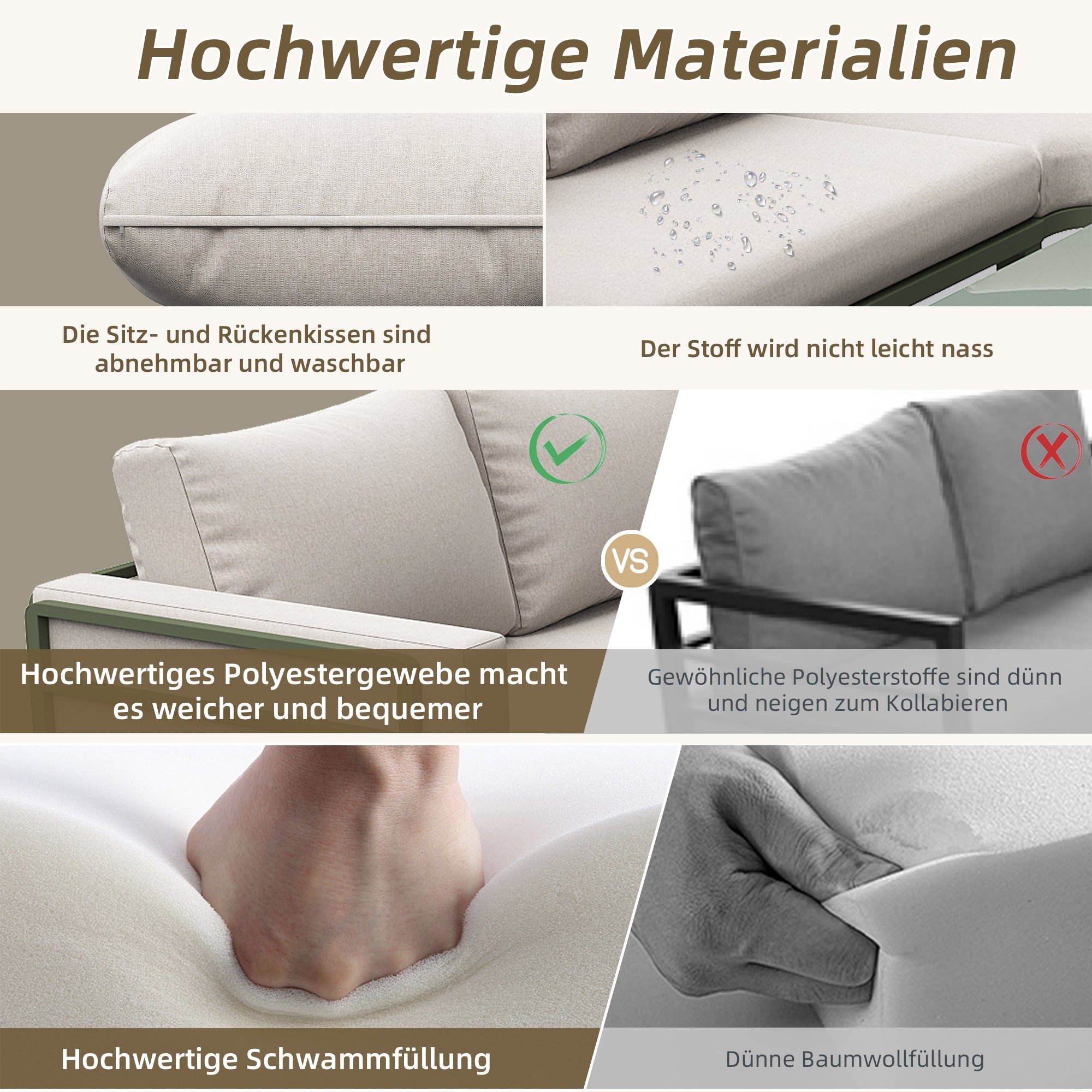 Garden Furniture Set 4-5 Seater with Tempered Glass Coffee Table Adjustable Legs - Green Iron/Beige Cushions