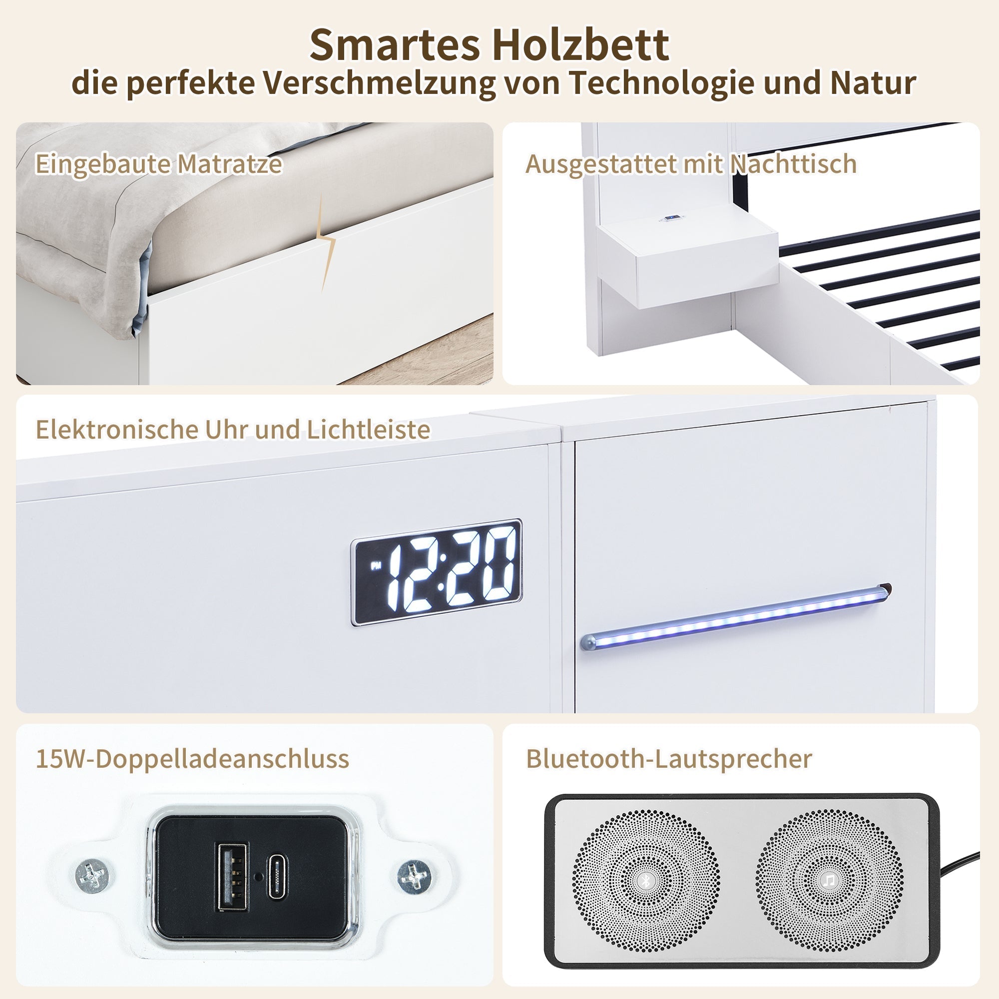 Double Bed with USB, Clock, Bluetooth Speaker and LED, 160x200cm, White Wood