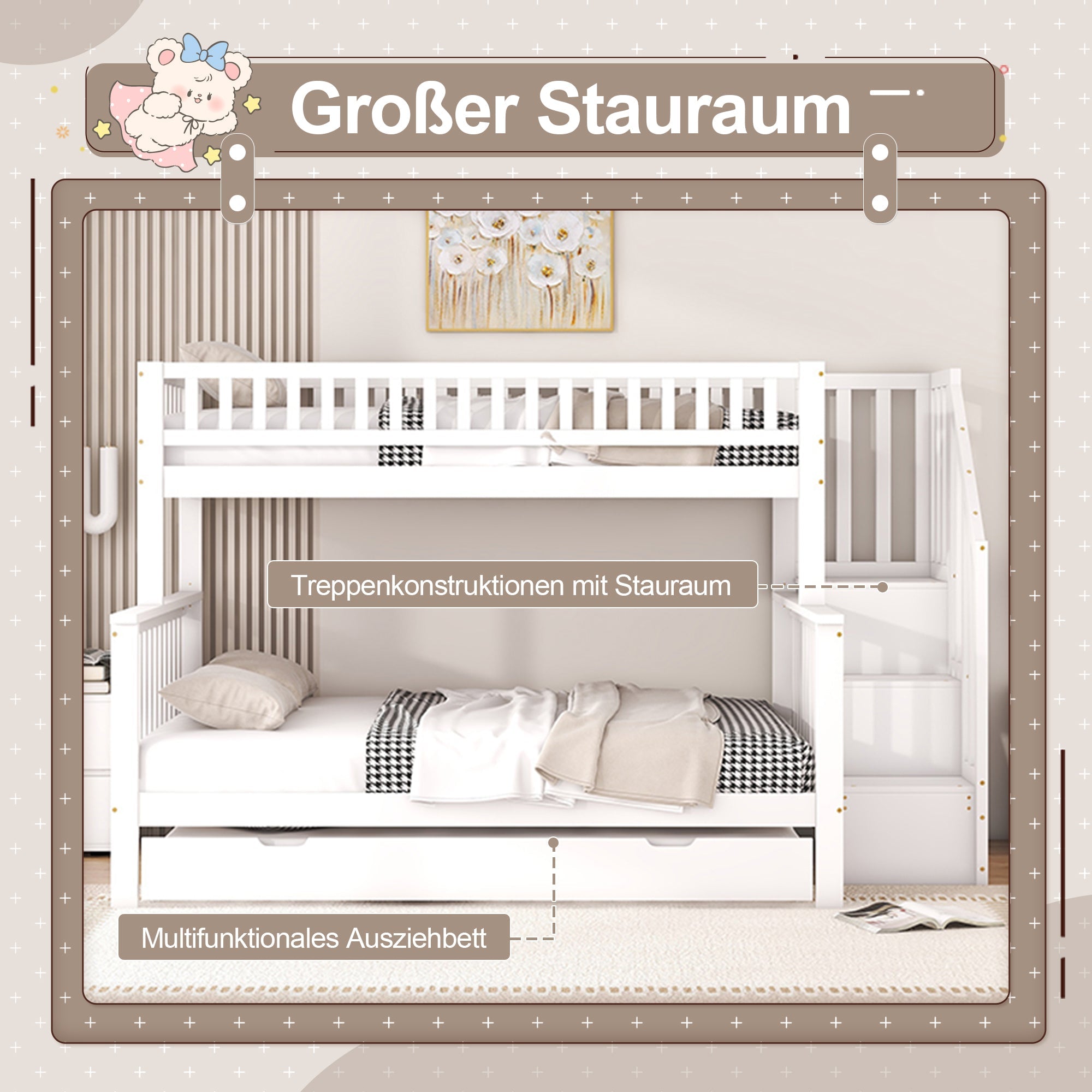 Bunk Bed 90x200cm/140x200cm with Stairs & Rolling Container, Pine Wood White