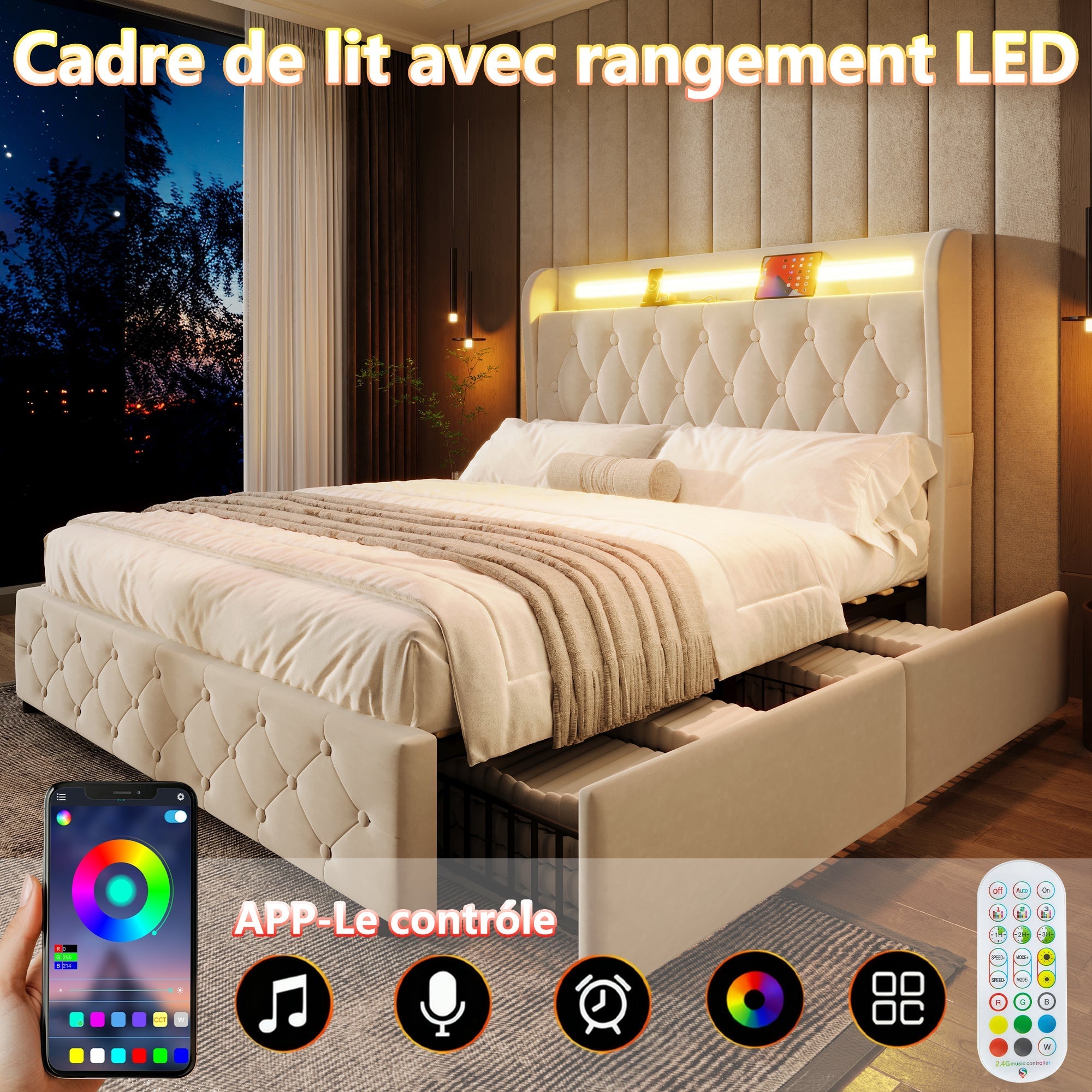 Upholstered Bed 140x190cm LED USB Headboard Storage 4 Drawers - Velvet