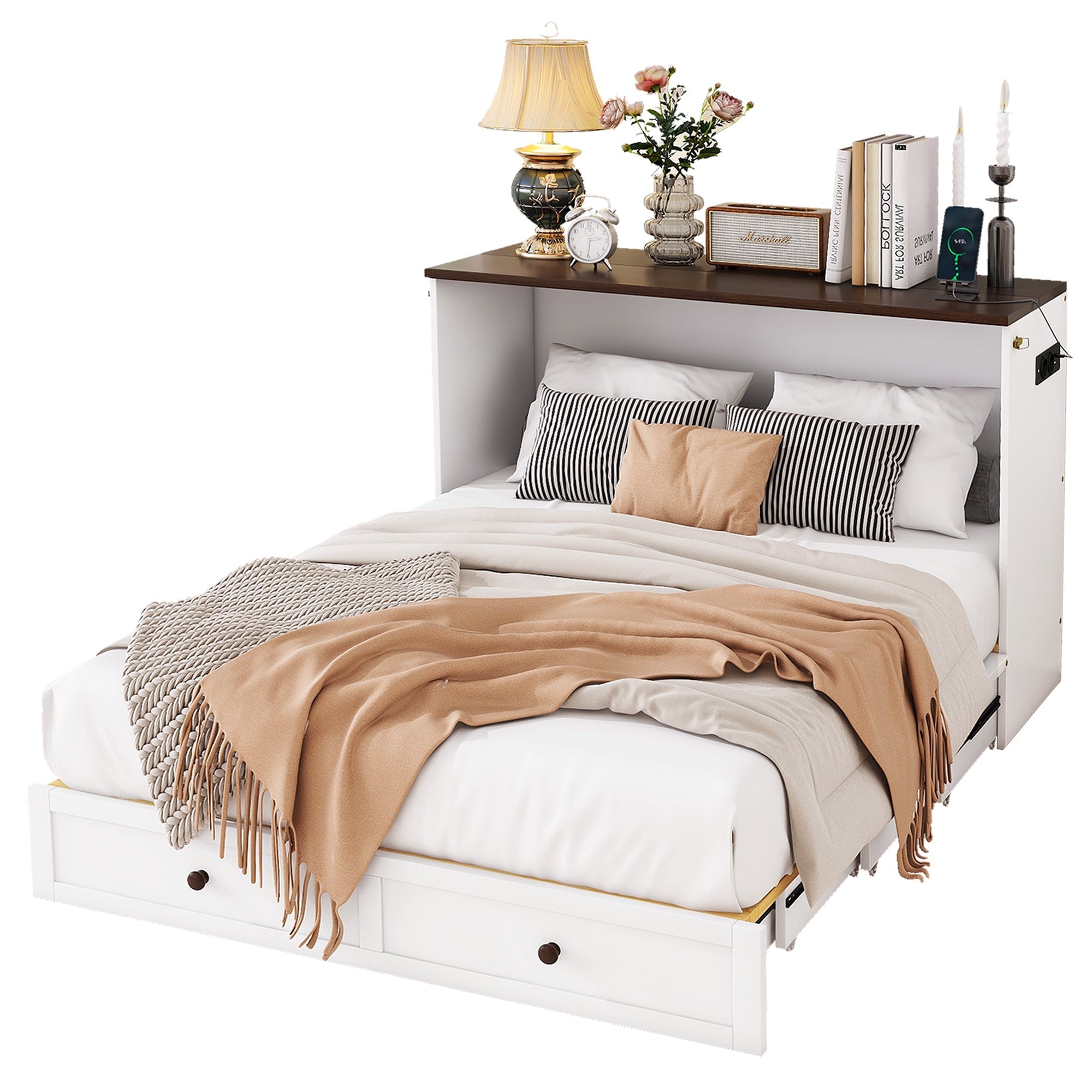 Mobile Wall Bed 140x200cm Convertible Storage Drawers Shelf USB Outlet - White