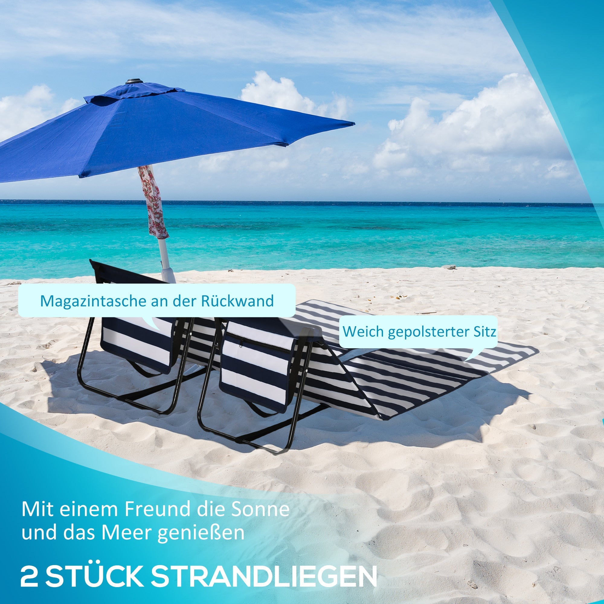 Beach Mat 2-Pack Foldable Adjustable with Carrying Bag Blue and White Oxford Fabric