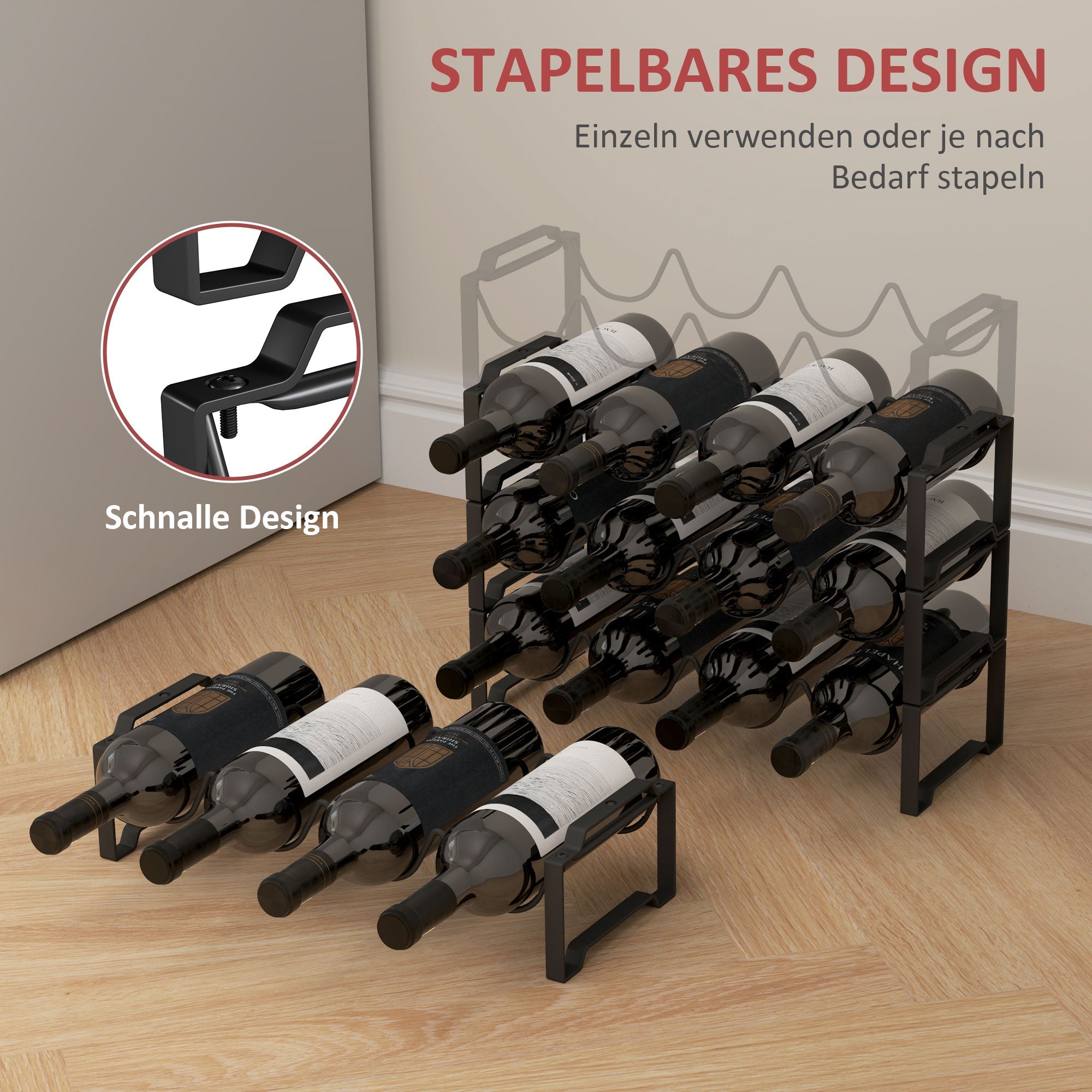 Wine Rack Bottle Rack for 16 Wine Bottles, Metal, Black