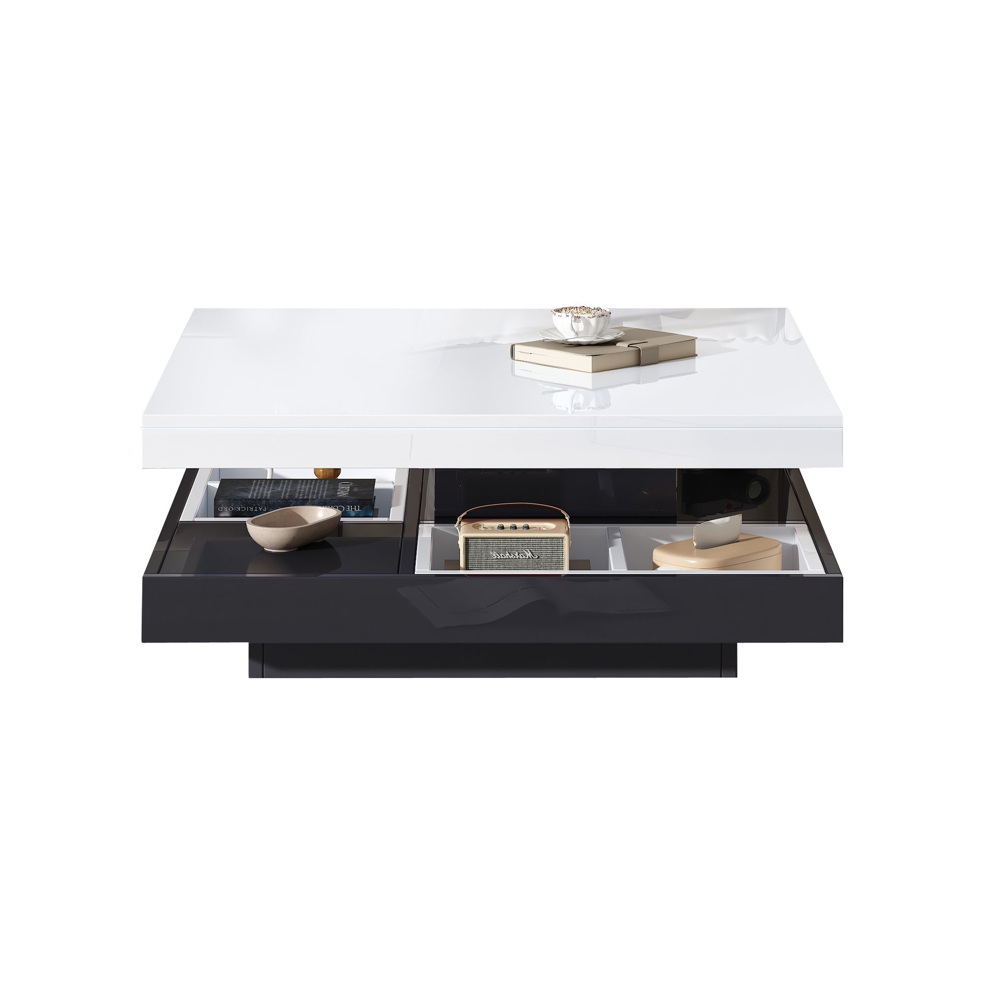 High-gloss tabletop coffee table, 360° rotatable, 2-tier with storage, white and black