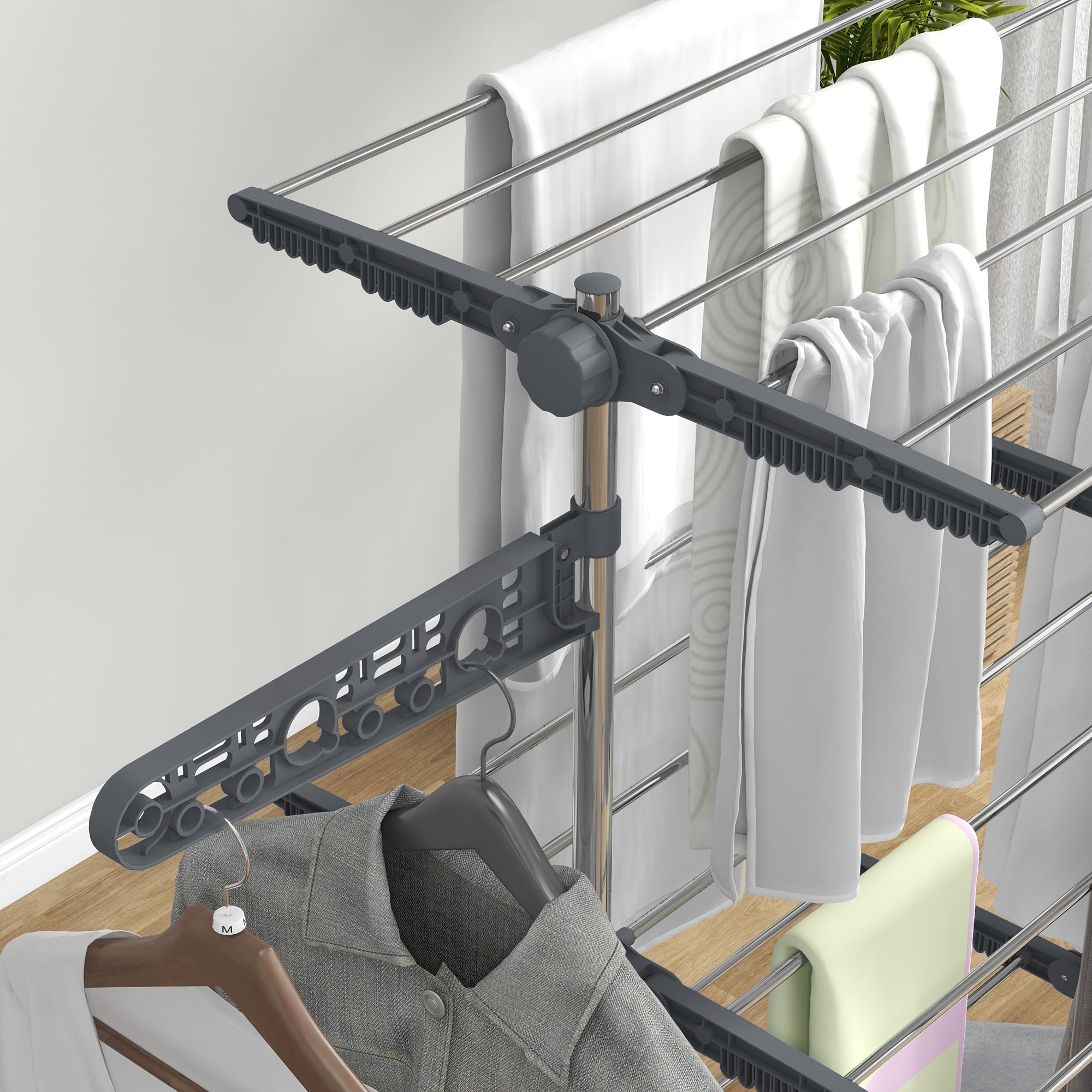 Clothes dryer tower, 3 levels foldable with side wings, steel gray
