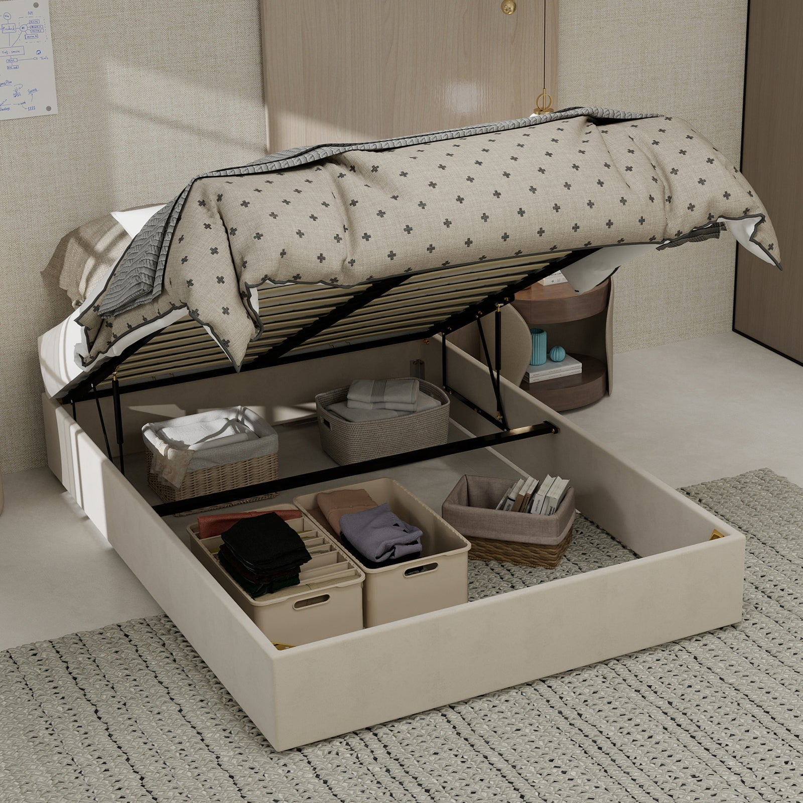 Modern Minimalist Bed Frame, 140x200 cm Gas Lift Storage, Dutch Velvet Beige