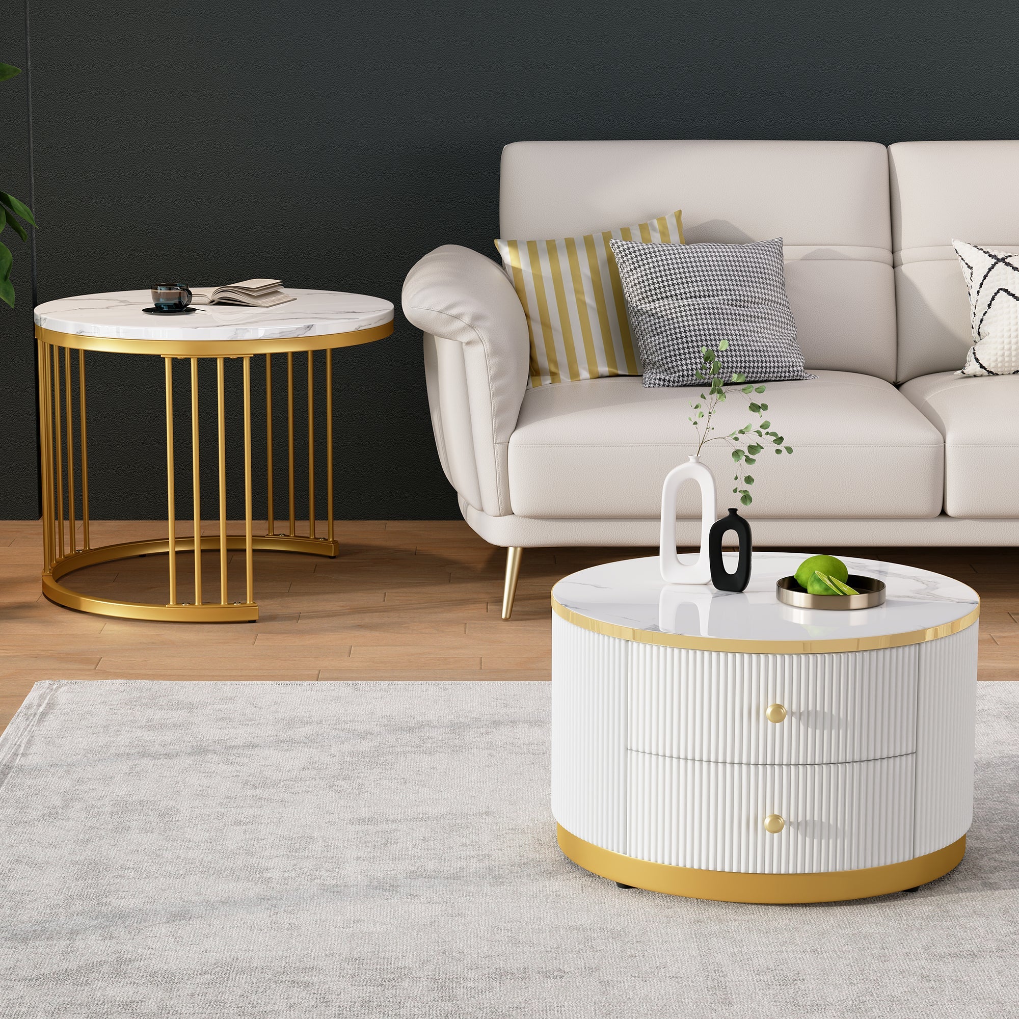 Elegant Nesting Coffee Table Set with Drawers, White Marble Look