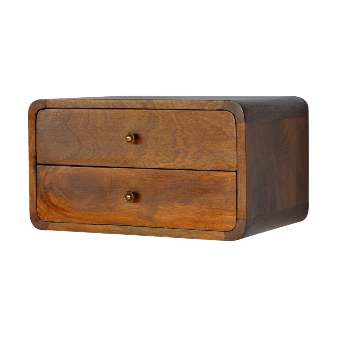Solid Wood Bedside, Floating Curved 2 Drawers, Dark Brown