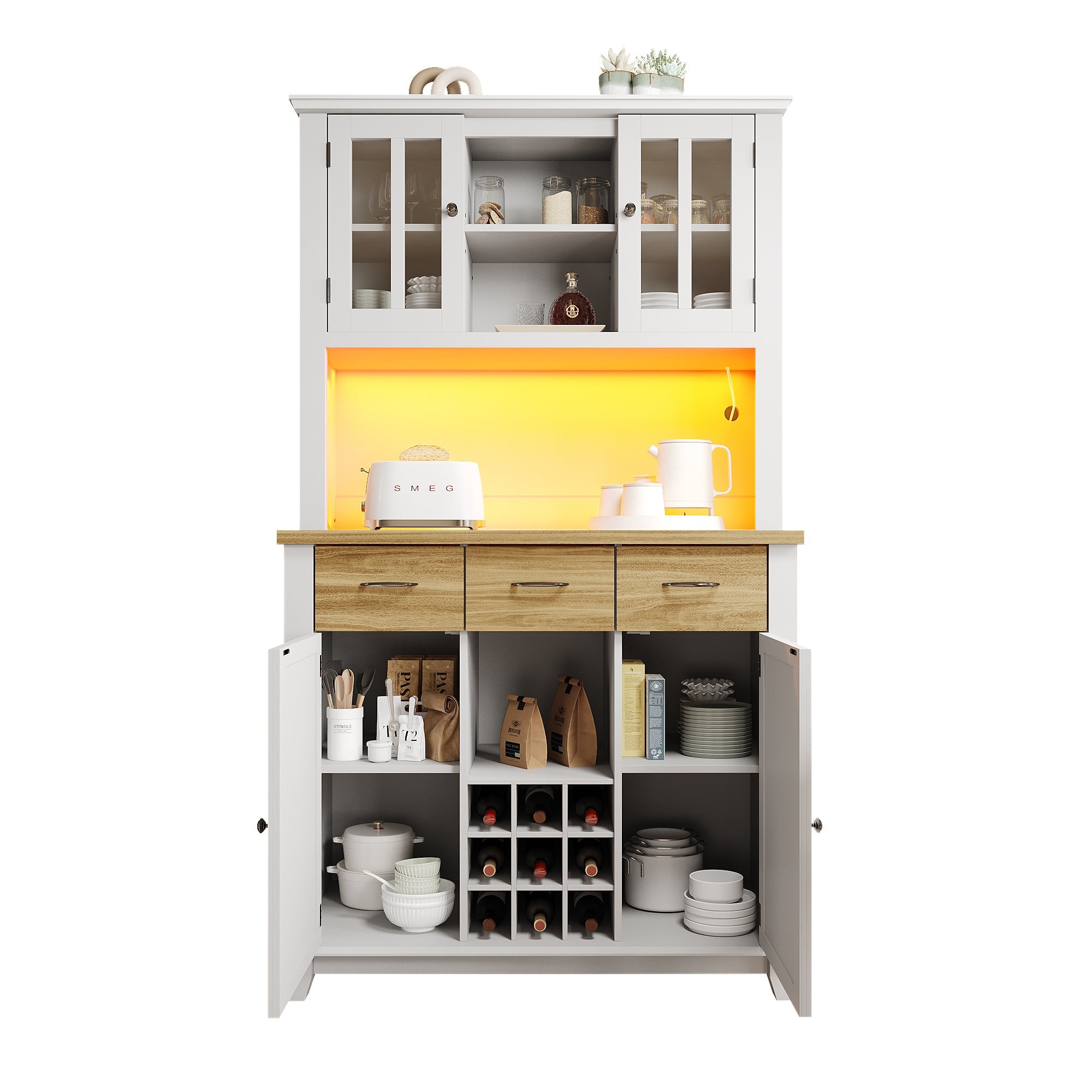 Tall Kitchen Buffet Display Cabinet with LED Lighting, Adjustable Shelves, Wood