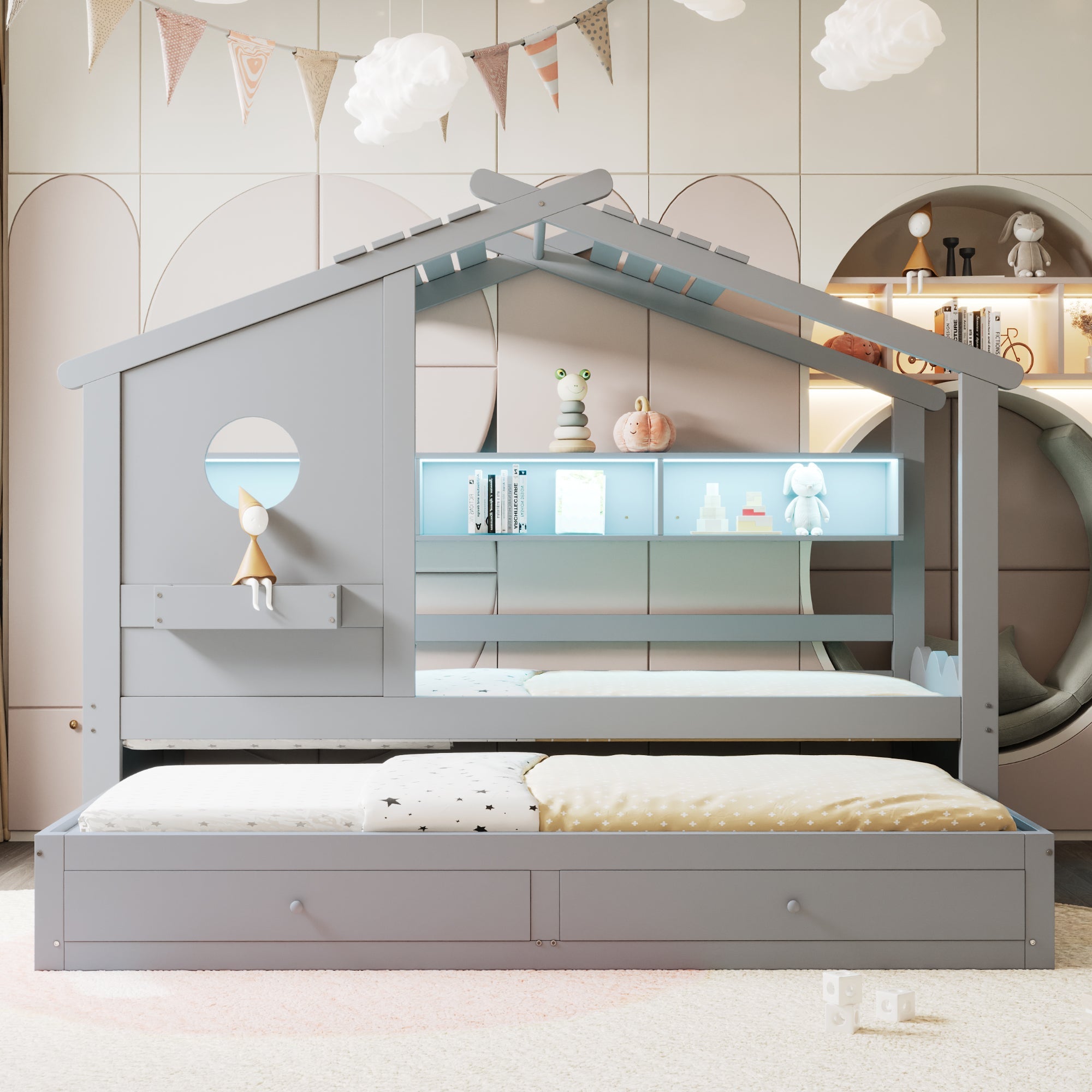 Children's Bed with Pull-out Bed, House Design, Two Drawers, LED and USB, 90x200cm, Grey