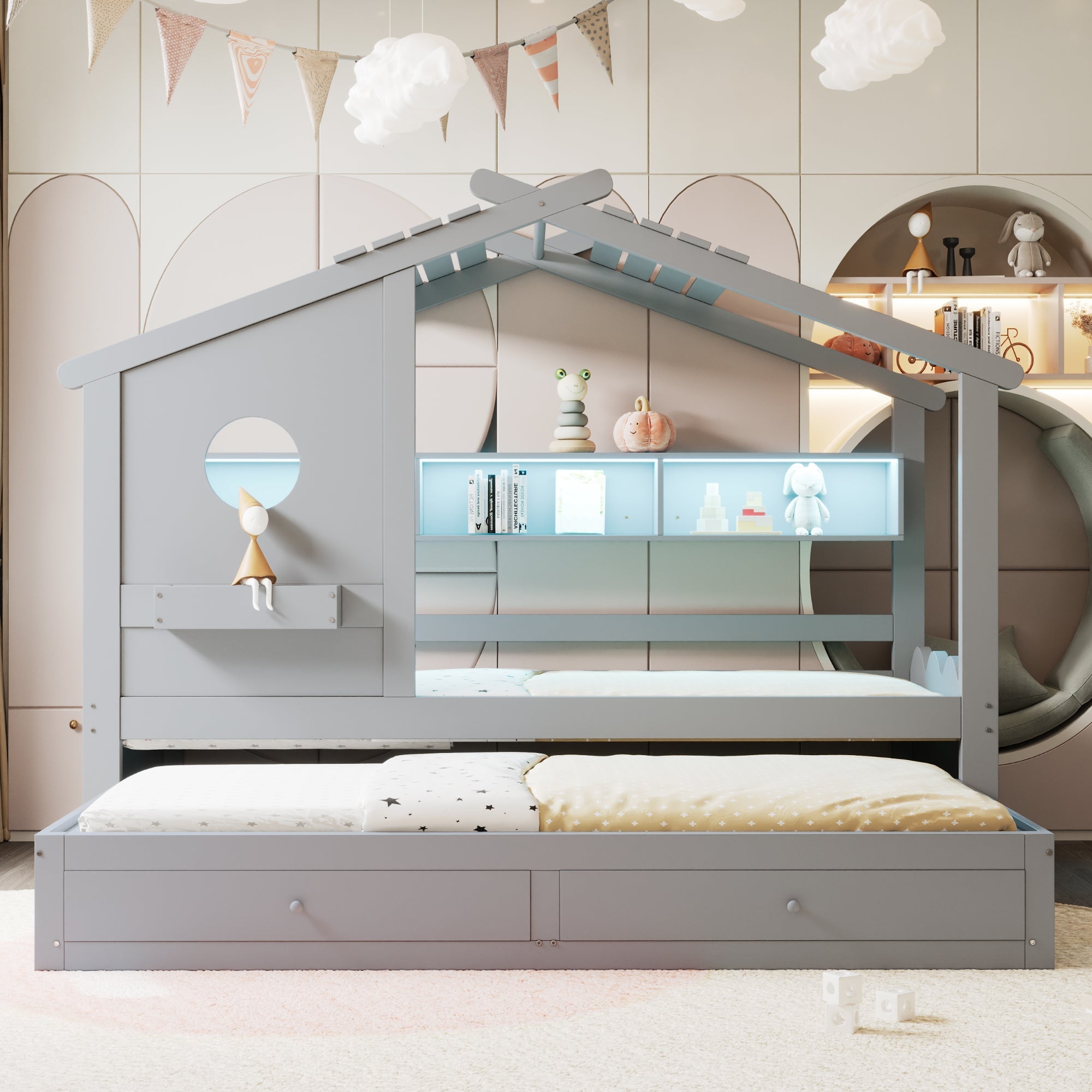 Children's Bed with Pull-out Bed, House Design, Two Drawers, LED and USB, 90x200cm, Grey