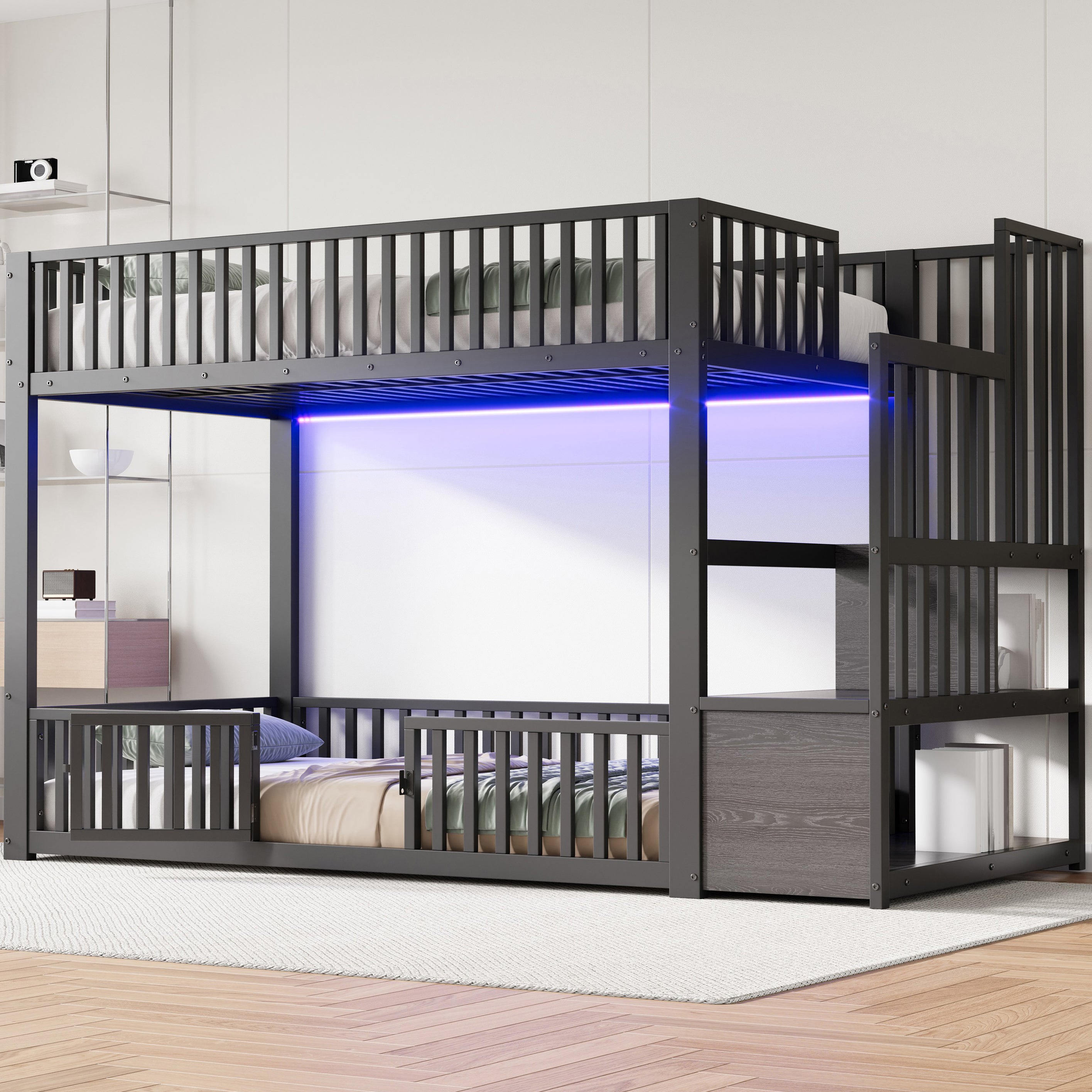 Bunk Bed with Storage Ladder and LED, 90x200cm, Black Metal