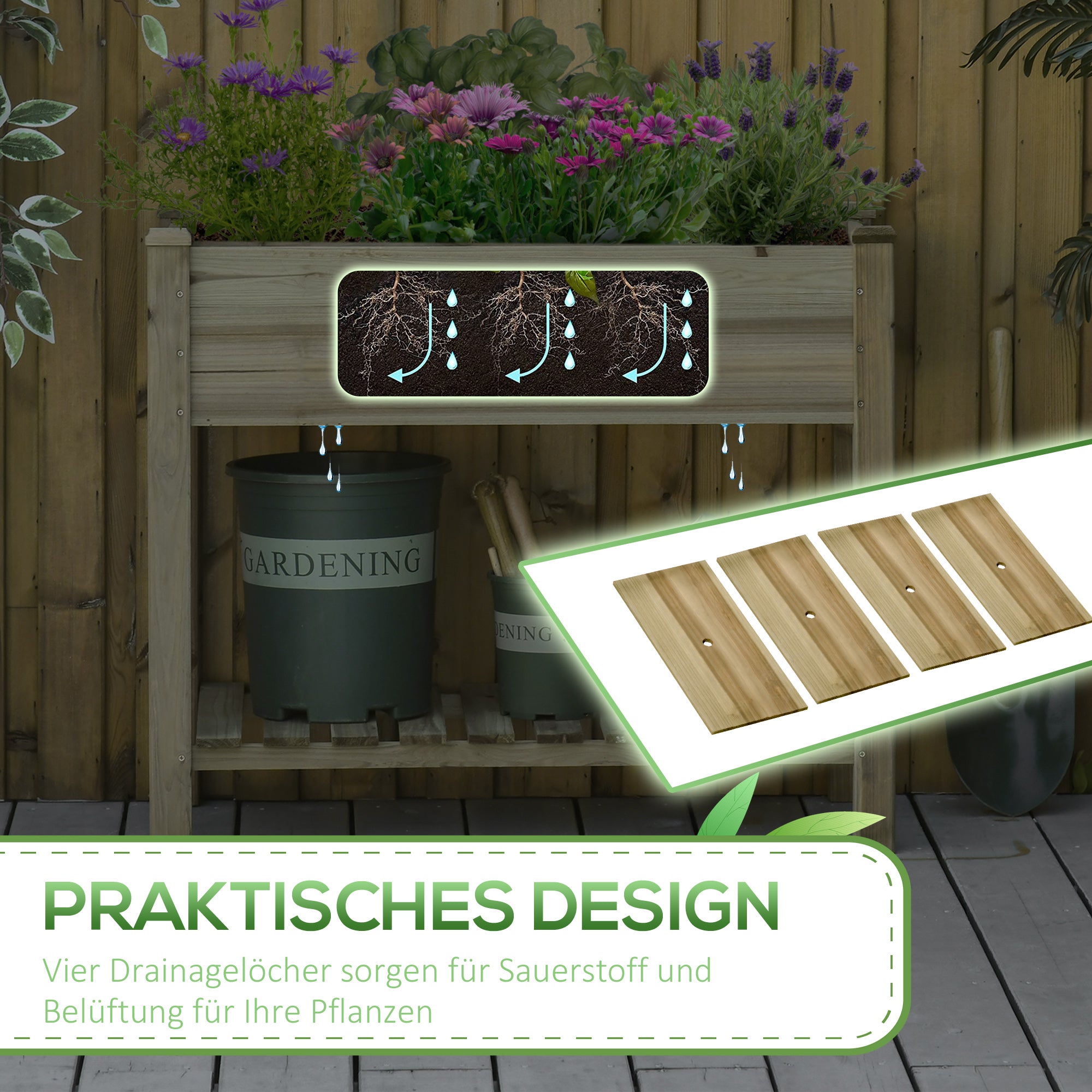 Raised Bed with Shelf & Drainage, Wooden, Green