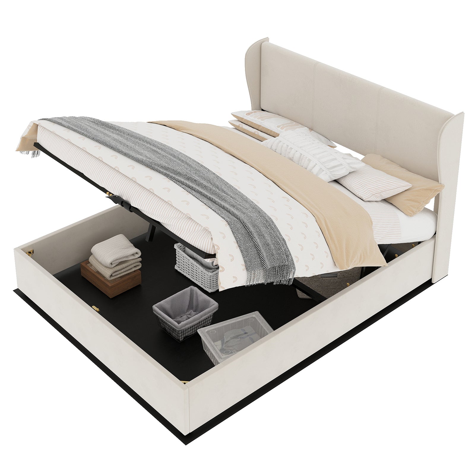 Upholstered Bed 160x200cm Gas Lift Storage Soft Headboard - Beige