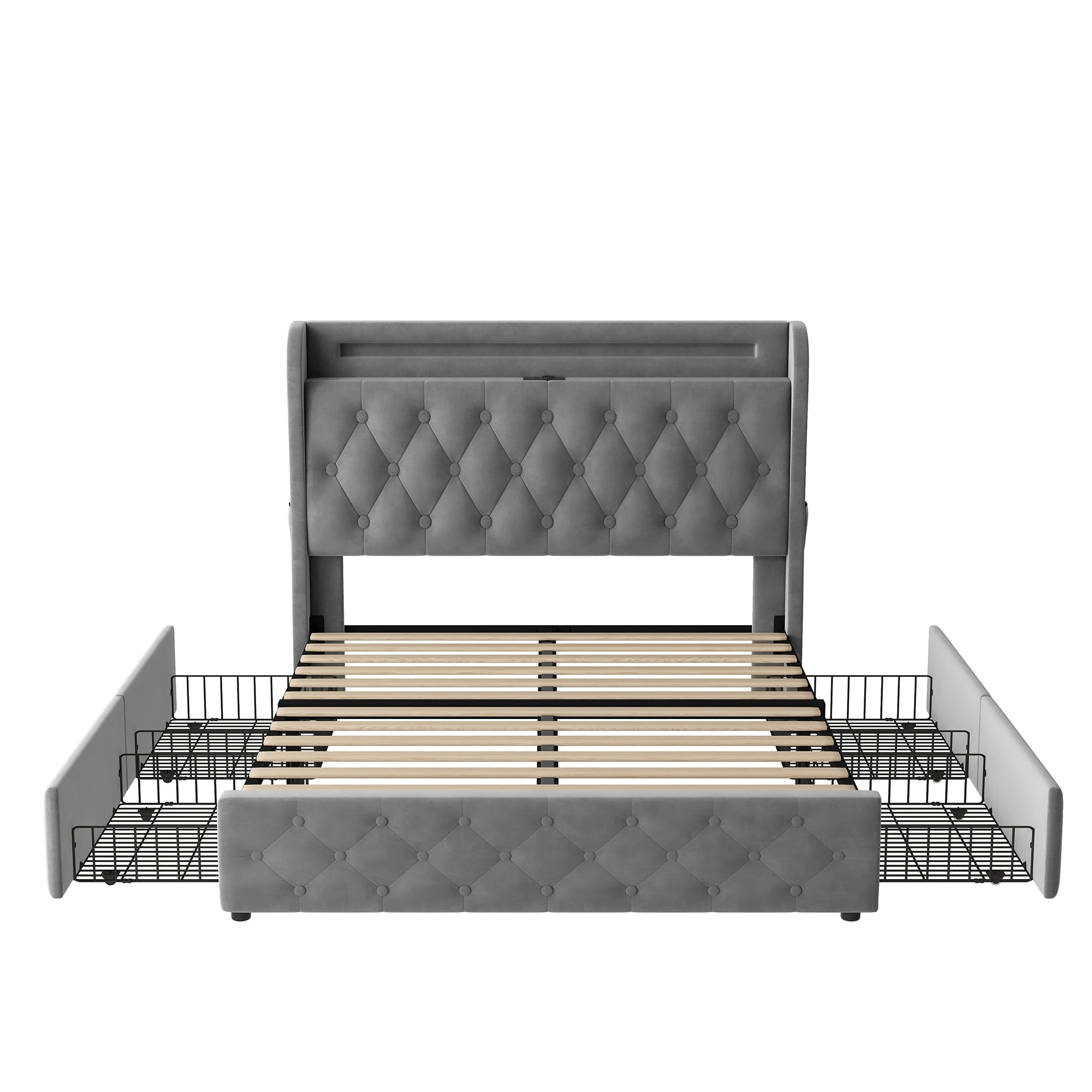 Upholstered Bed 140x190cm LED USB Storage Headboard 4 Drawers - Velvet