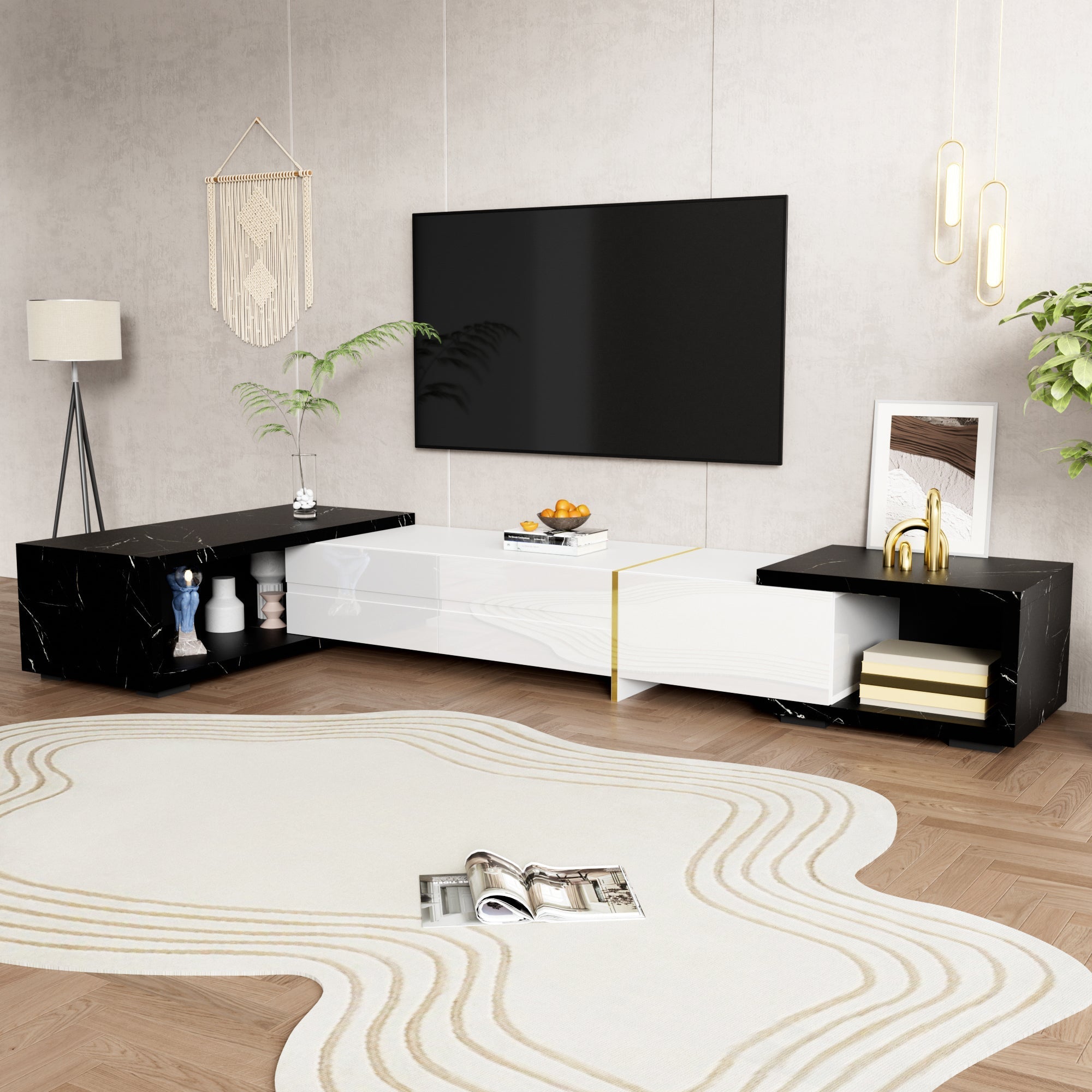 TV Cabinet, Adjustable Length (140-260 cm) Swivel, Black Marble, White High-Gloss Matte, Gold Trim