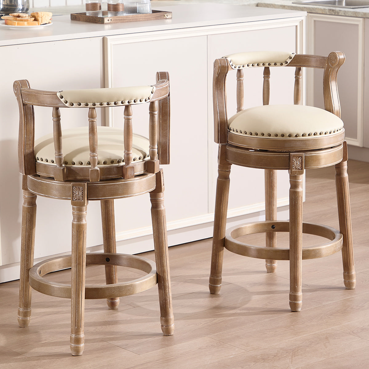 Bar Stools 360° Swivel with Backs - Cow Top Leather and Wood