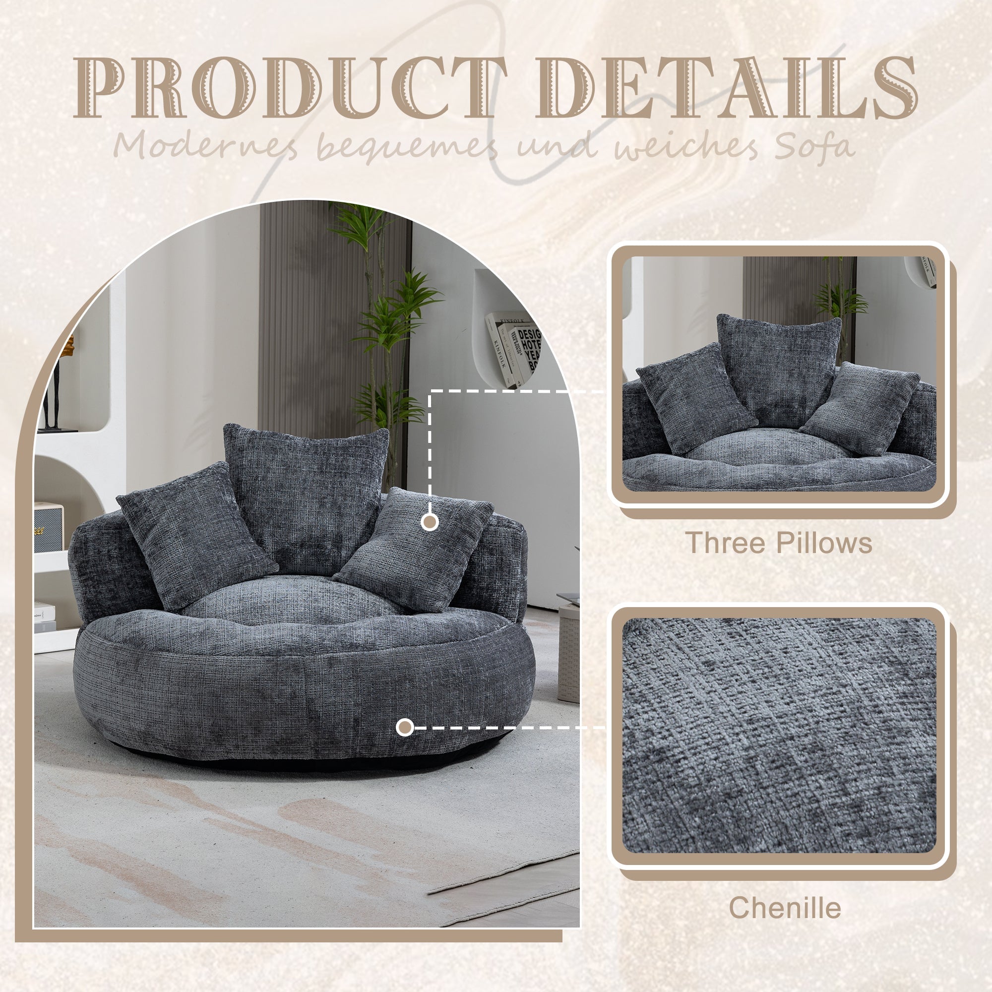 COOLMORE Lazy Sofa Durable Comfort Lounger High Back Bean Bag Chair Couch with Three Pillows, Gray Chenille