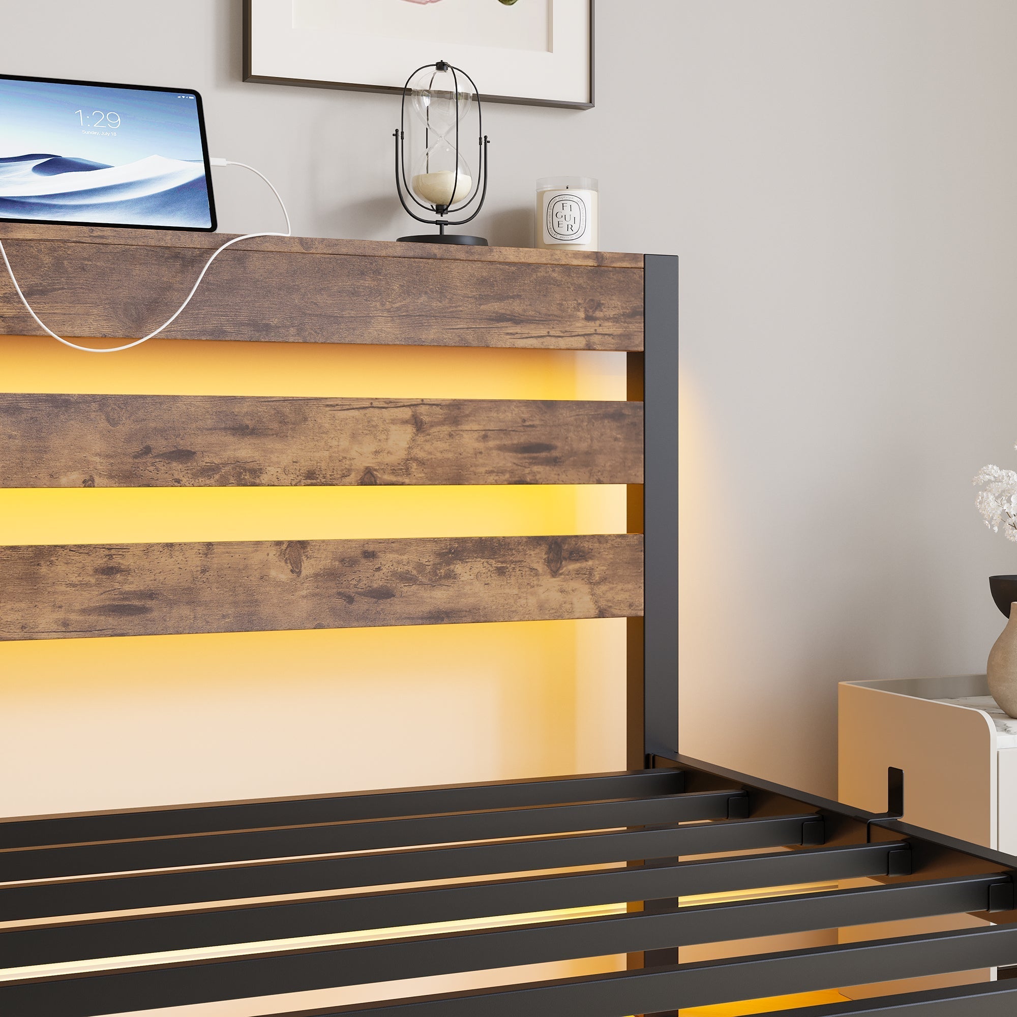 90x200 Bed Frame LED USB Charging Storage - Metal