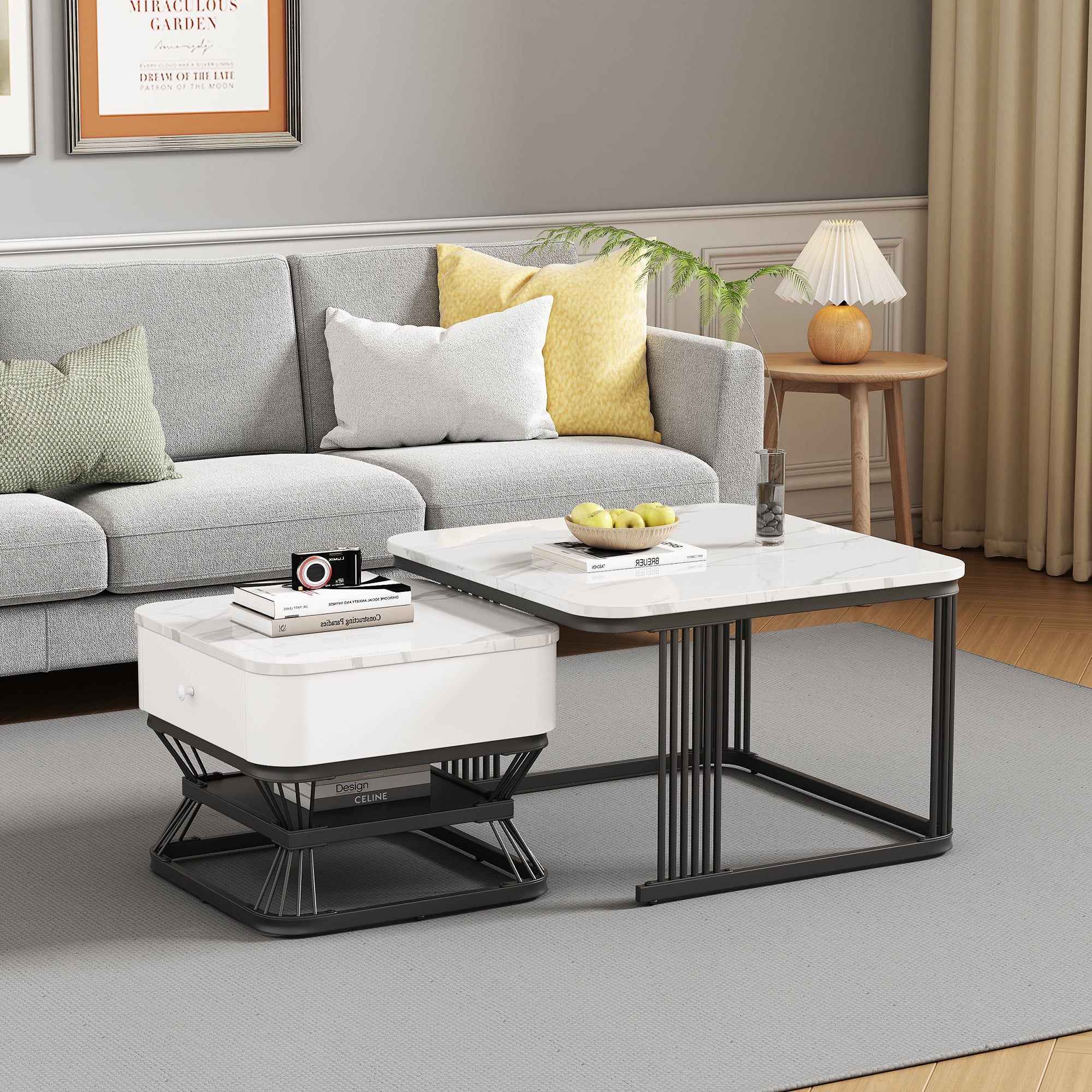 2-Piece Geometric Coffee Table Set with Drawer, High-Gloss Marble Look, White/Black