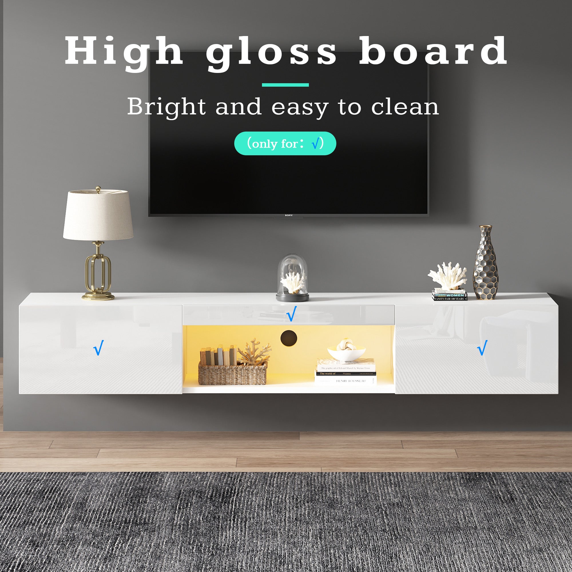 Wall Cabinet, 160x31x22cm for 70-inch TV, 30kg load, LED lighting, Bluetooth APP, high-gloss white