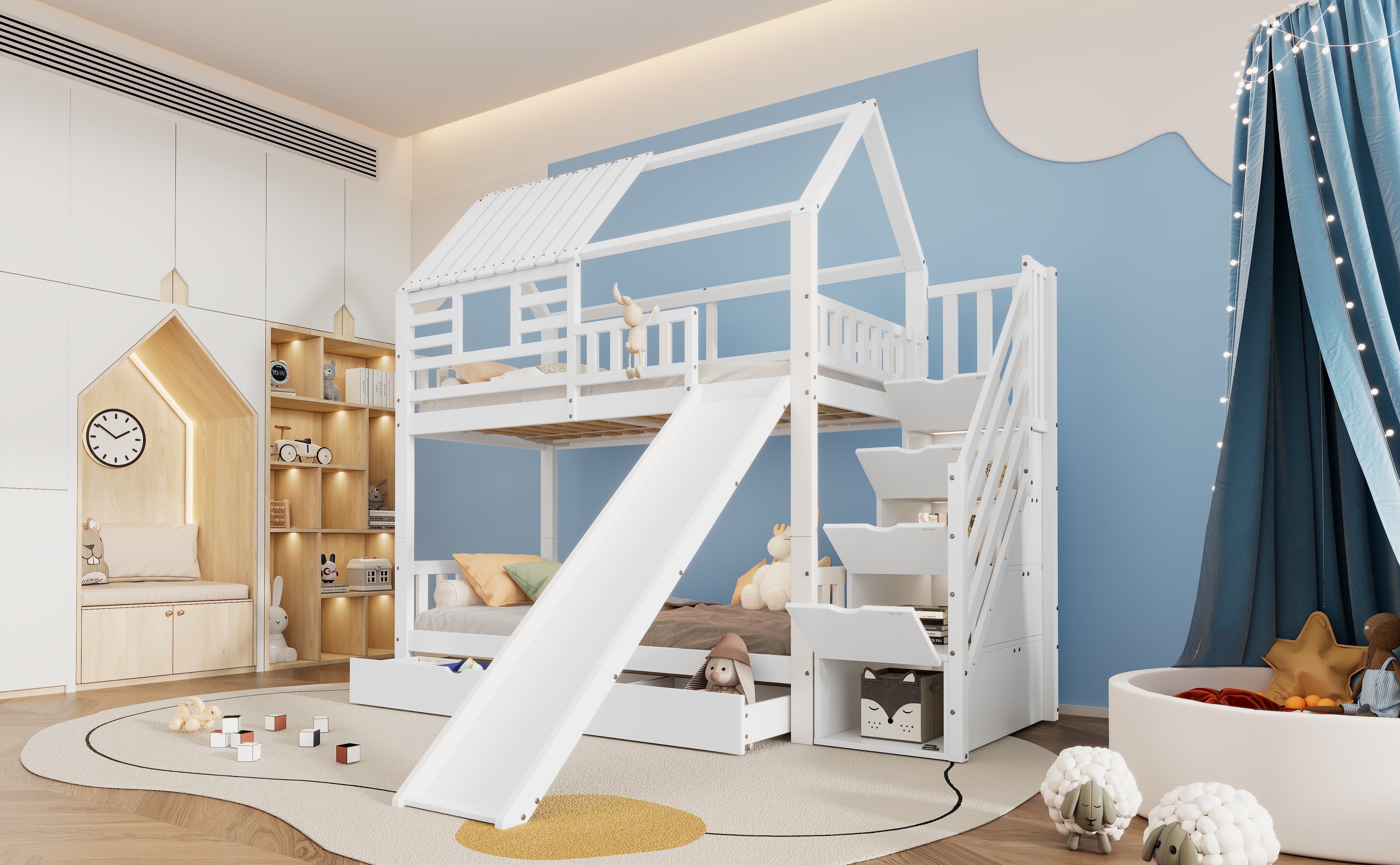 Bunk Bed, House Bed with Stairs, Slide, Storage, Safety Gate & Drawer, Pine/MDF, White