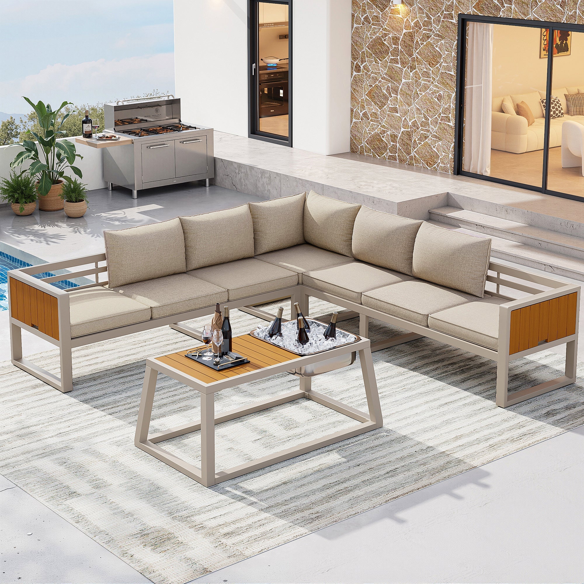 Modular Outdoor Sofa Set with Adjustable Backrest, Fold-out Armrests and Metal Ice Bucket, Grey/Beige