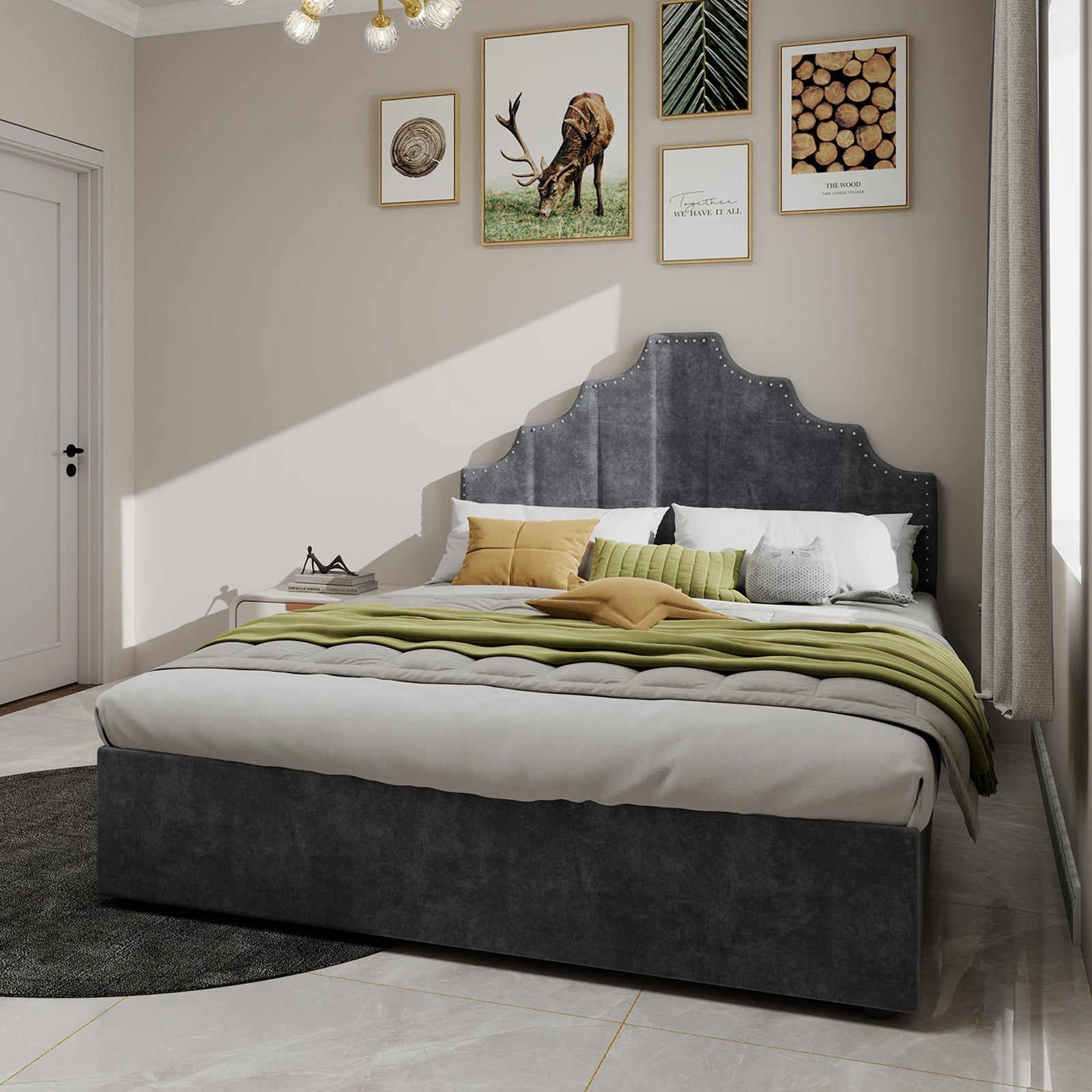 Modern Minimalist Soft Bed, 140*200CM, High Box Bed, Gray