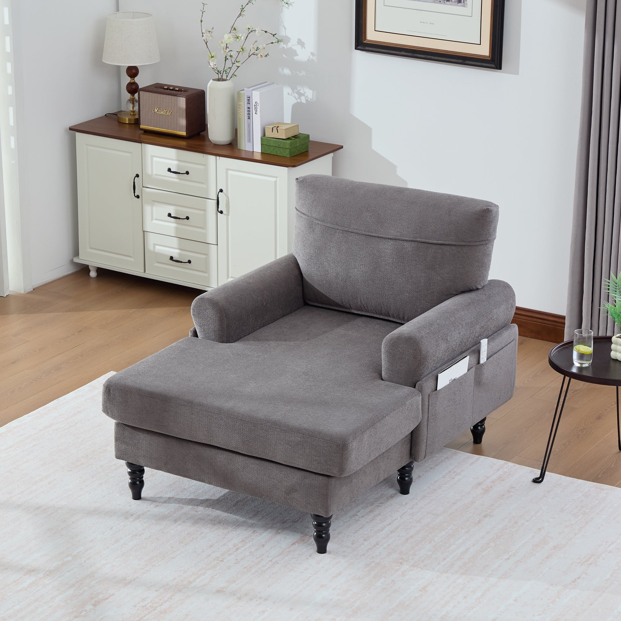 Modern Minimalist Lounger Single Sofa with Wooden Legs and Side Pockets, Chenille Fabric