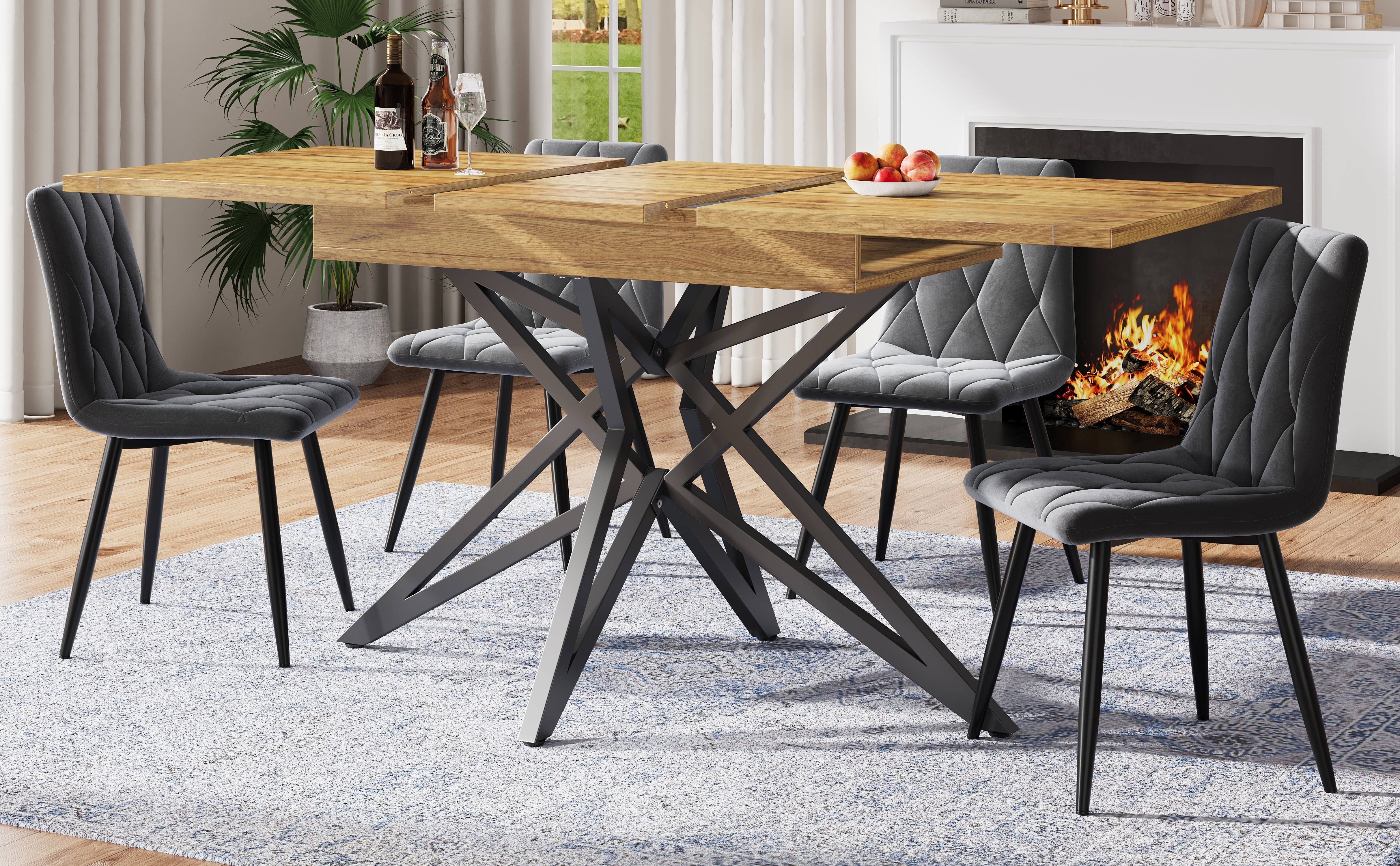 Extendable Dining Table with Star-Shaped Legs, Walnut and Marble Look