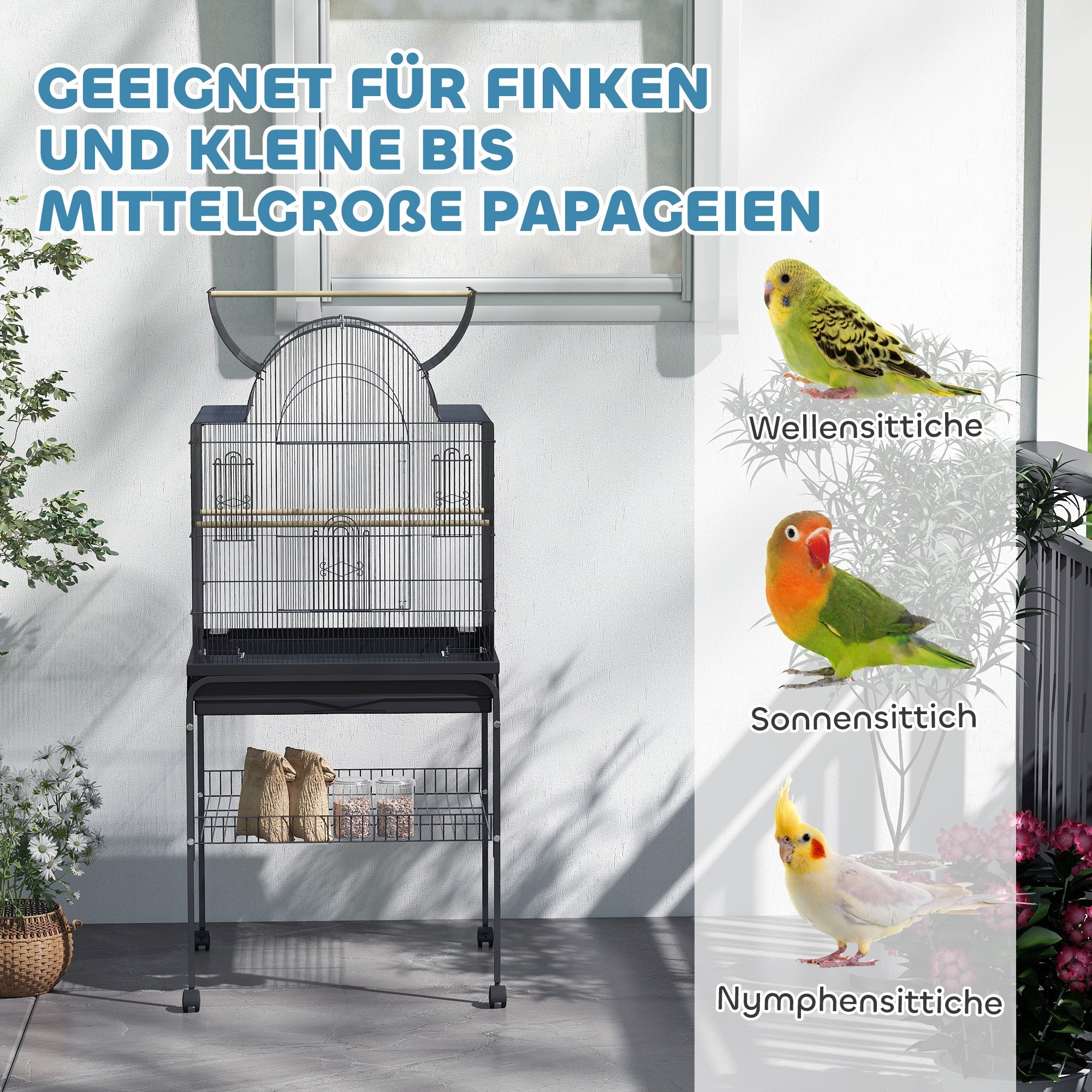 Large Bird Cage Tray Shelf Feeding Station Wheels Steel Black