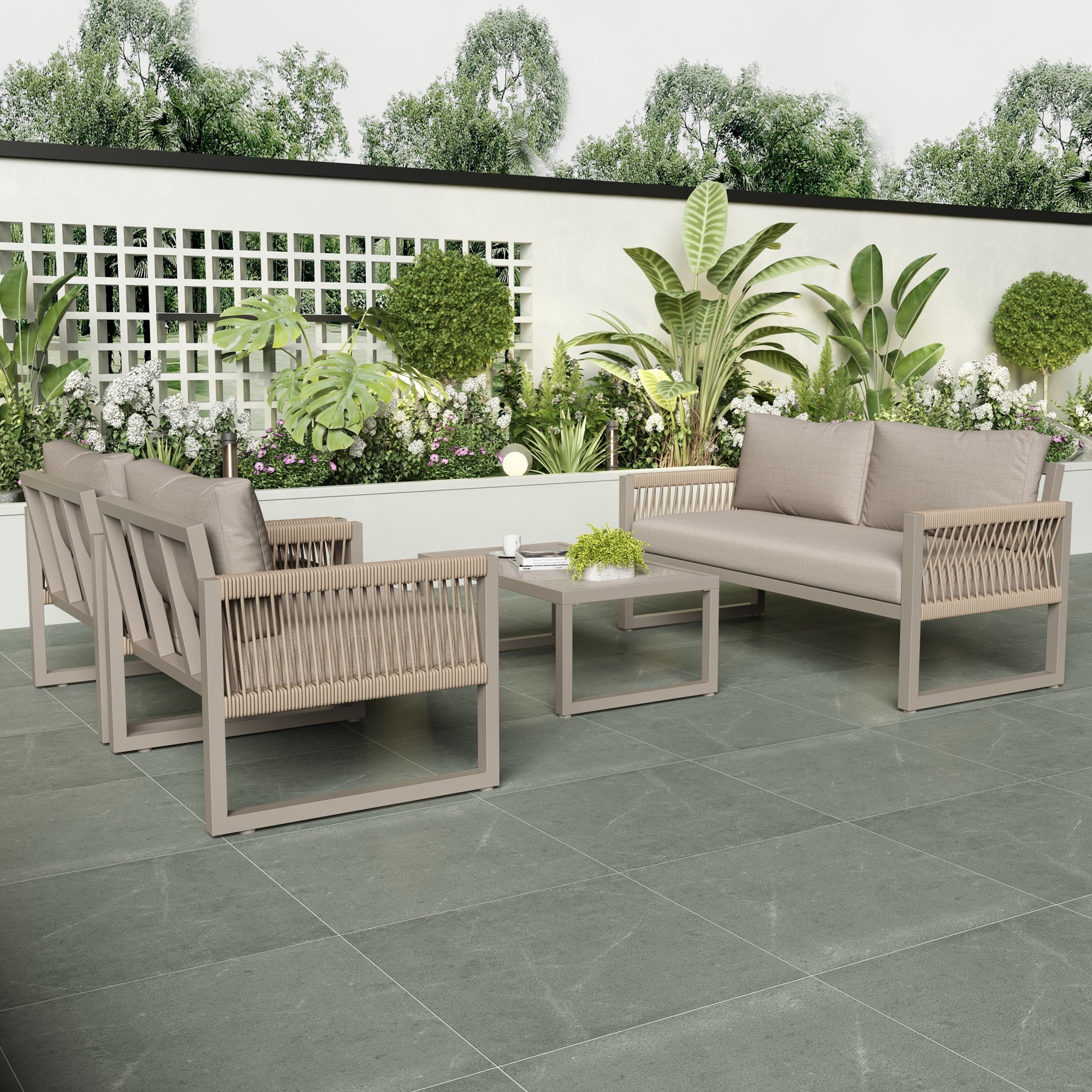 Garden Lounge Set 4-Piece Rope Furniture with Glass Top, Khaki Rope/Iron Frame