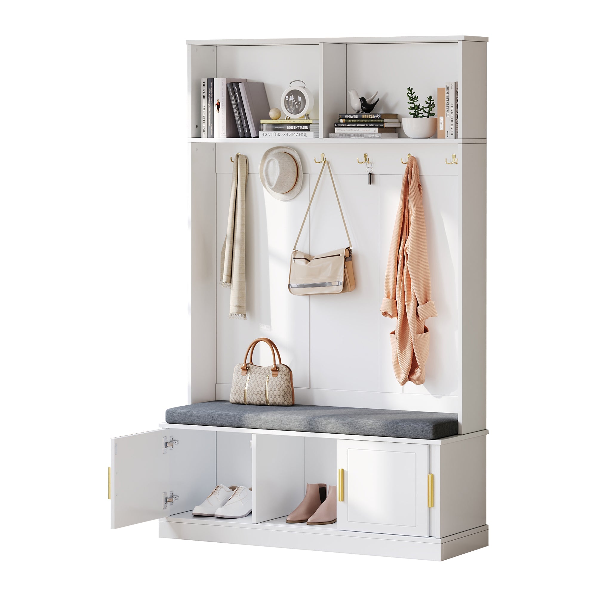 Coat rack with shoe bench, wardrobe, 6 triple hooks, freestanding, space-saving, white