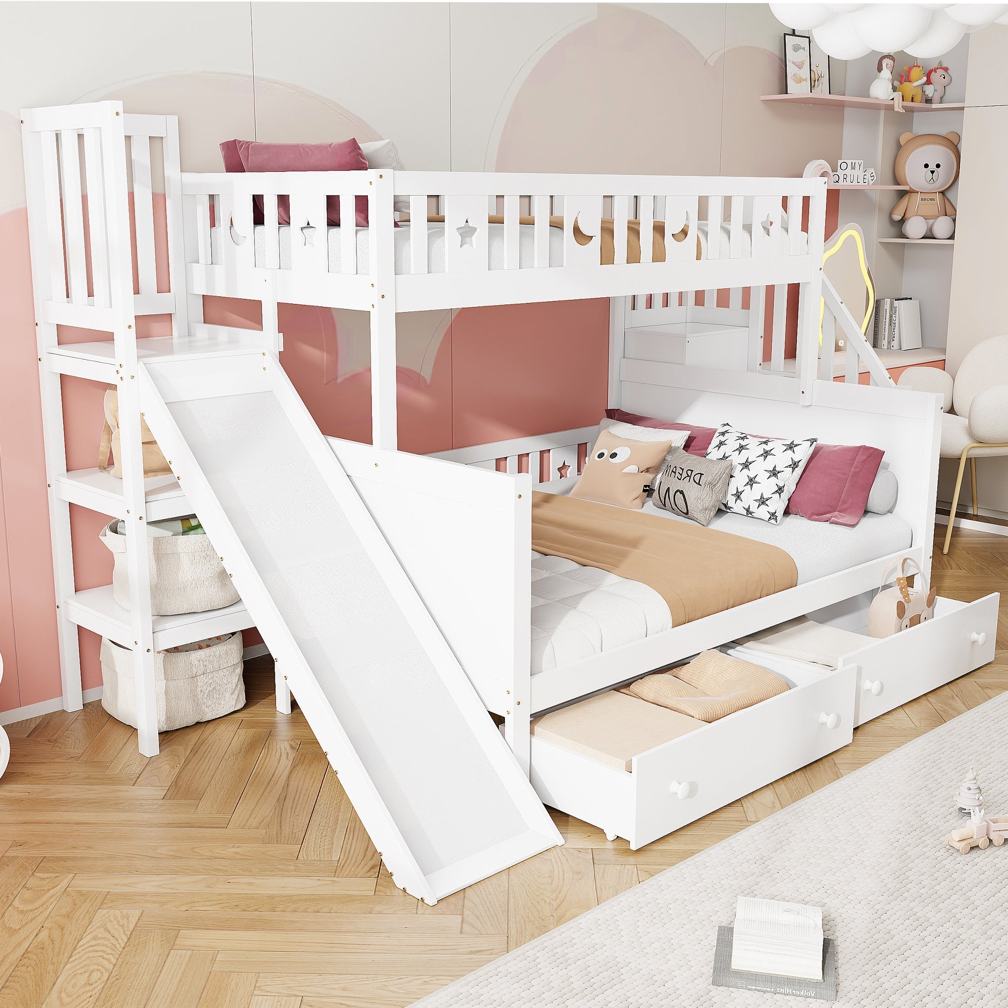 Children's Bed Bunk with Slide, Shelf, Drawers, White