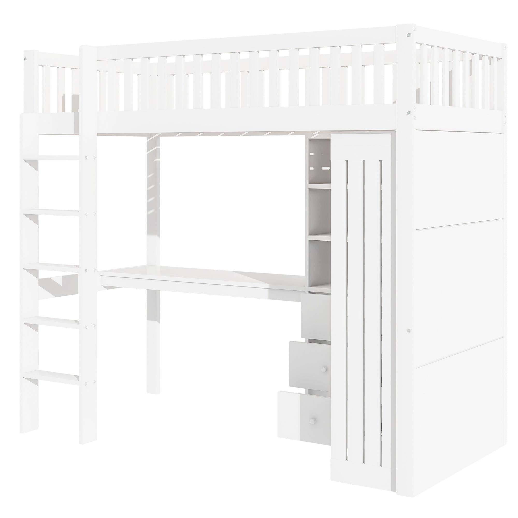 Loft Bed 90x200cm Desk Wardrobe 3 Drawers Stairs - White