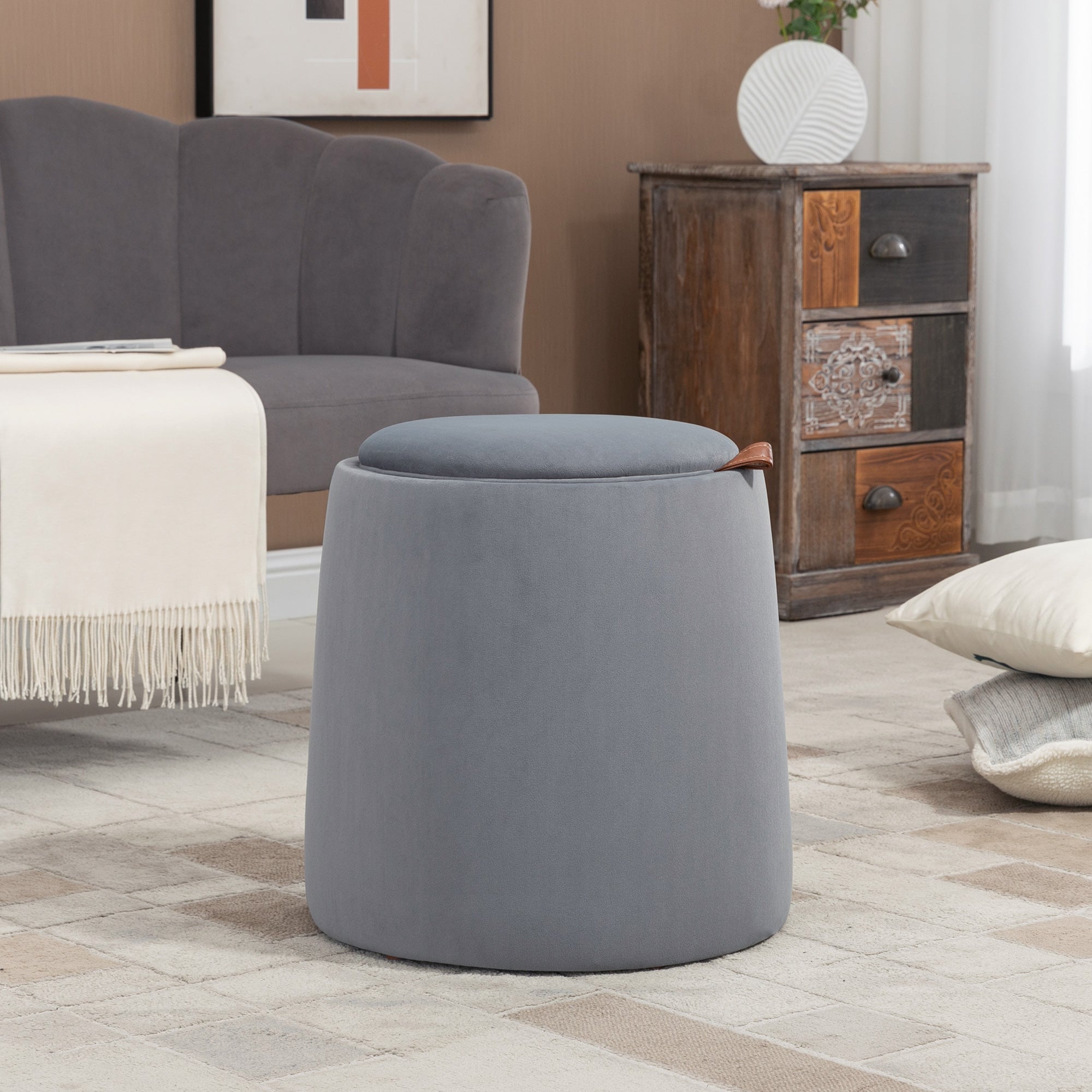 2-in-1 Ottoman with Storage, Removable Lid, Ø44cm x 47.5cm, Gray Velvet