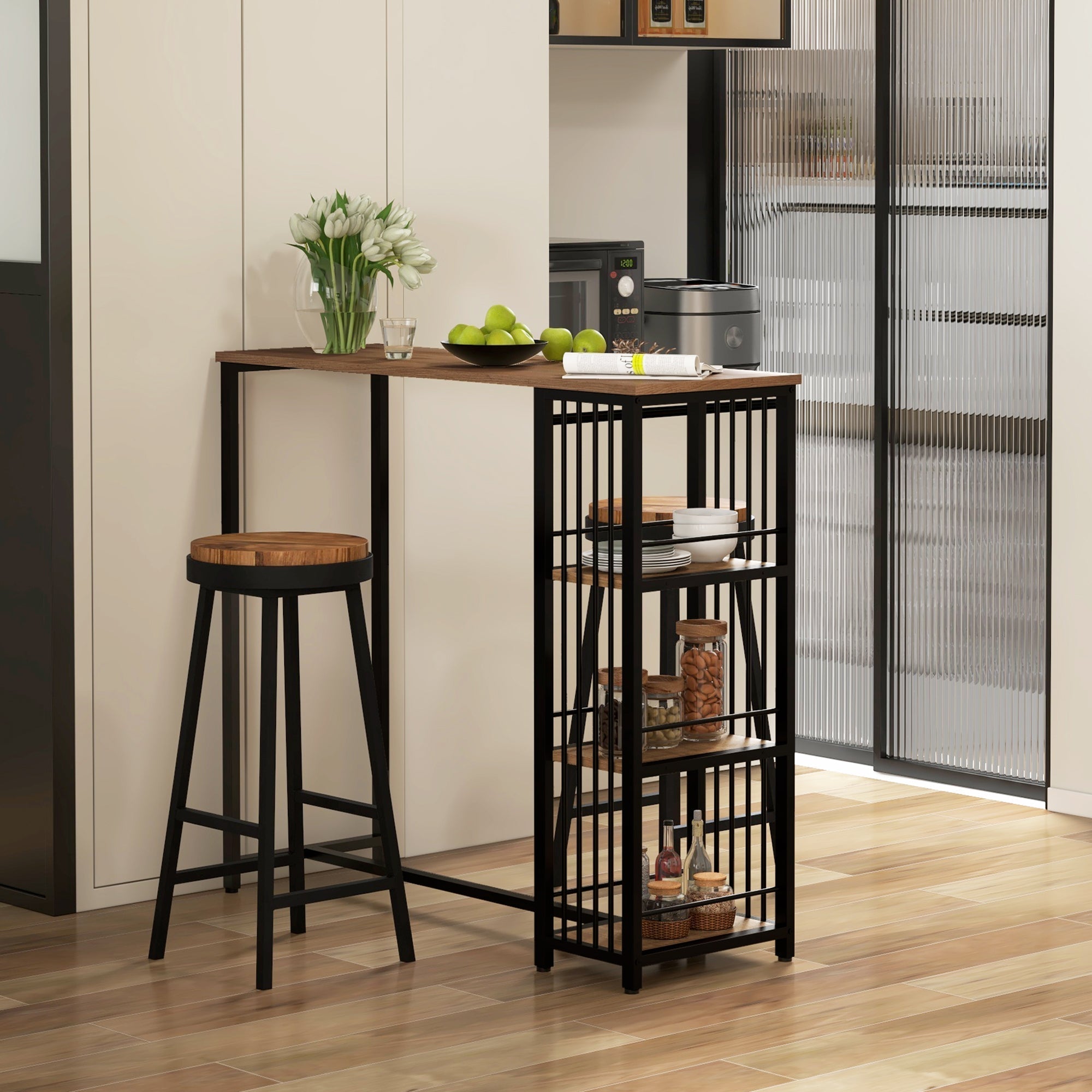 Bar Table, 3 Shelves, Kitchen, Steel Frame, Brown