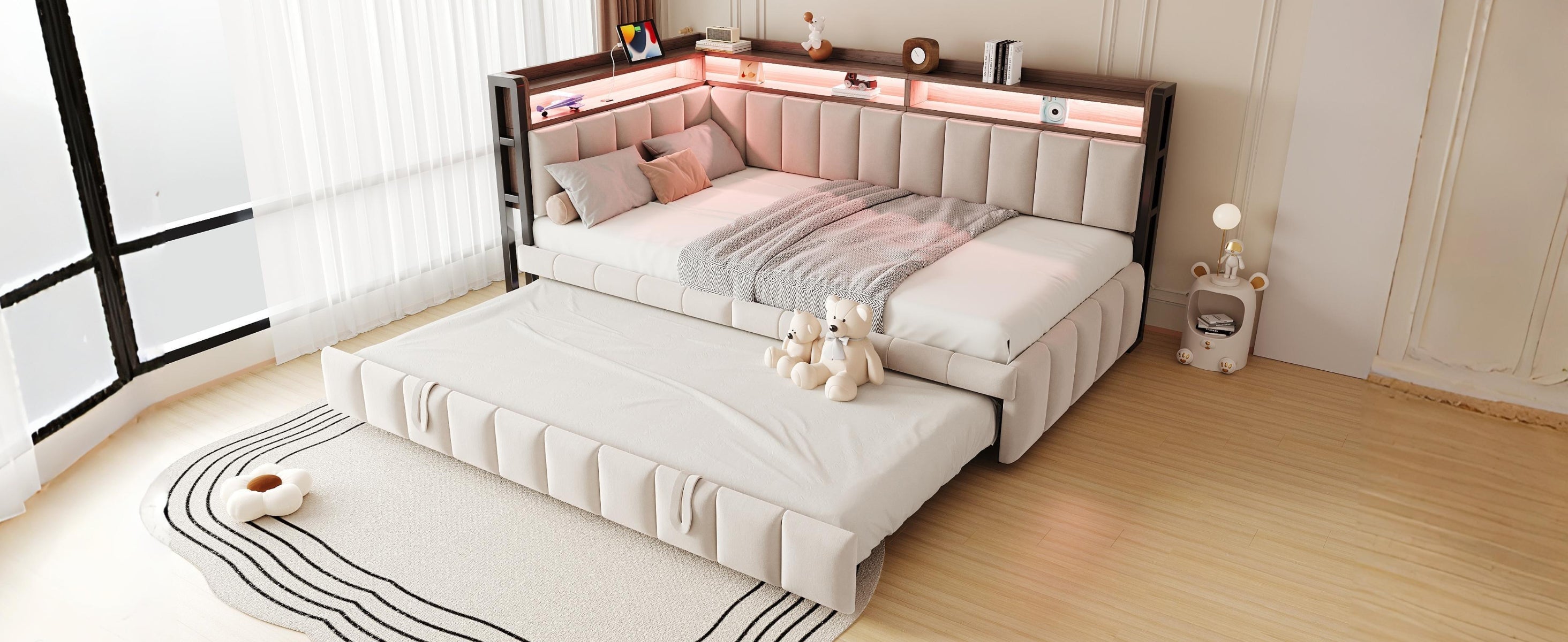 Upholstered Sofa Bed with Pull-out Bed, LED Lighting, Storage and USB Ports, 90x200cm, Beige Velvet