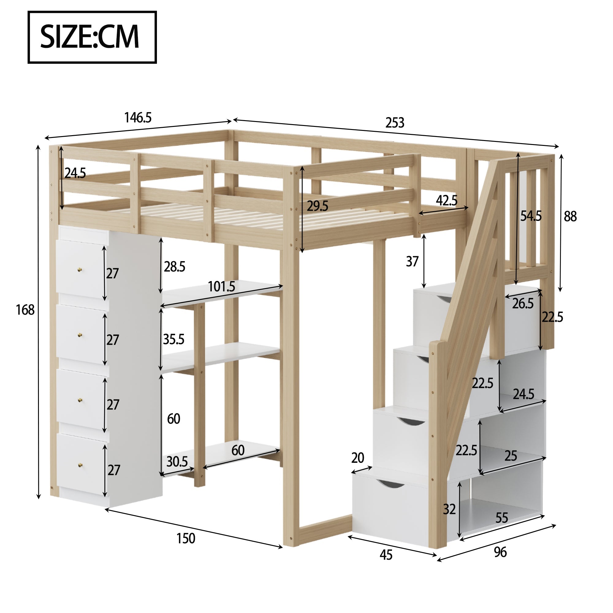 Loft Bed with 4 Drawers and Storage Stairs, 140x200 cm, White and Natural Wood