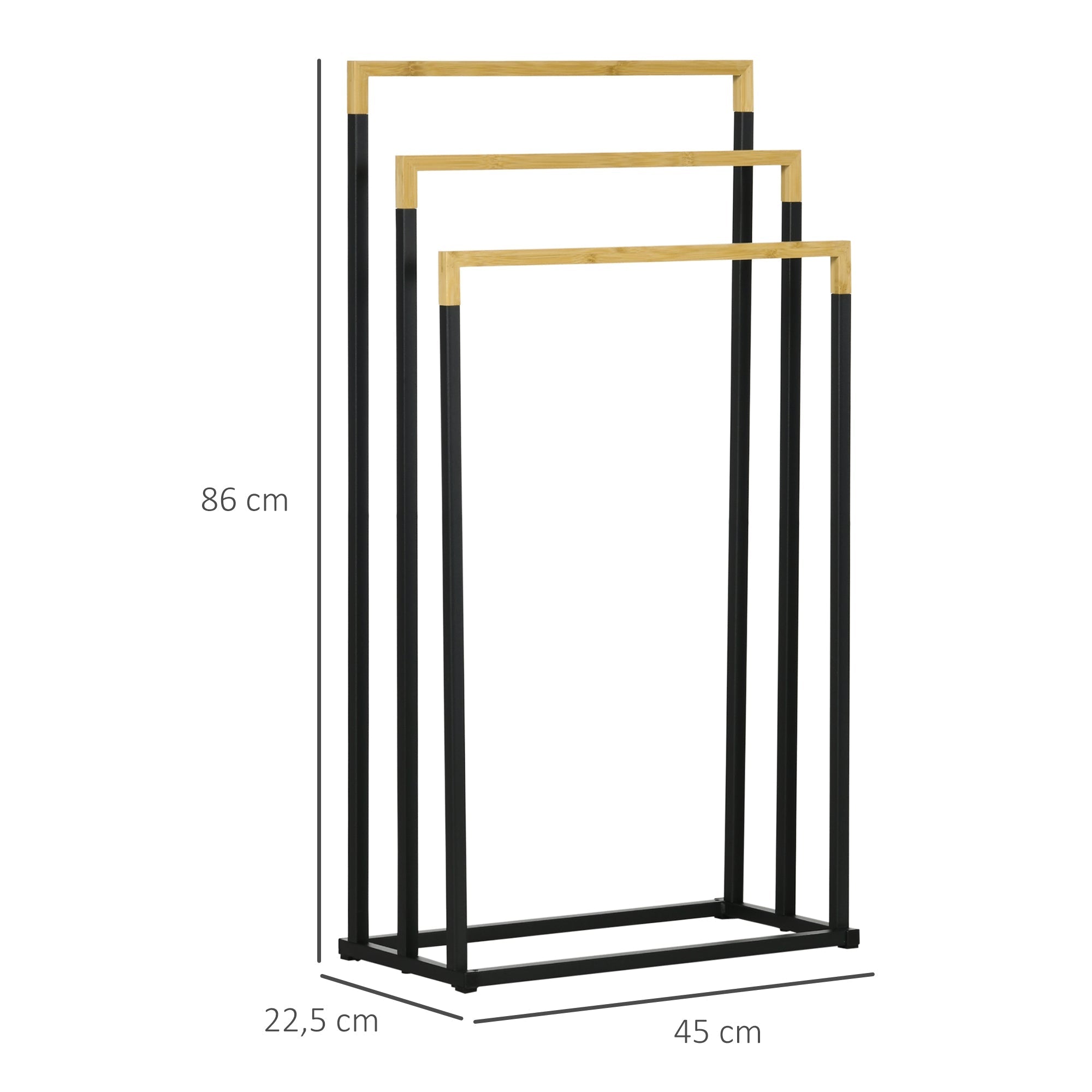 kleankin Towel Rack, 3 Bars, Steel & Bamboo, Black