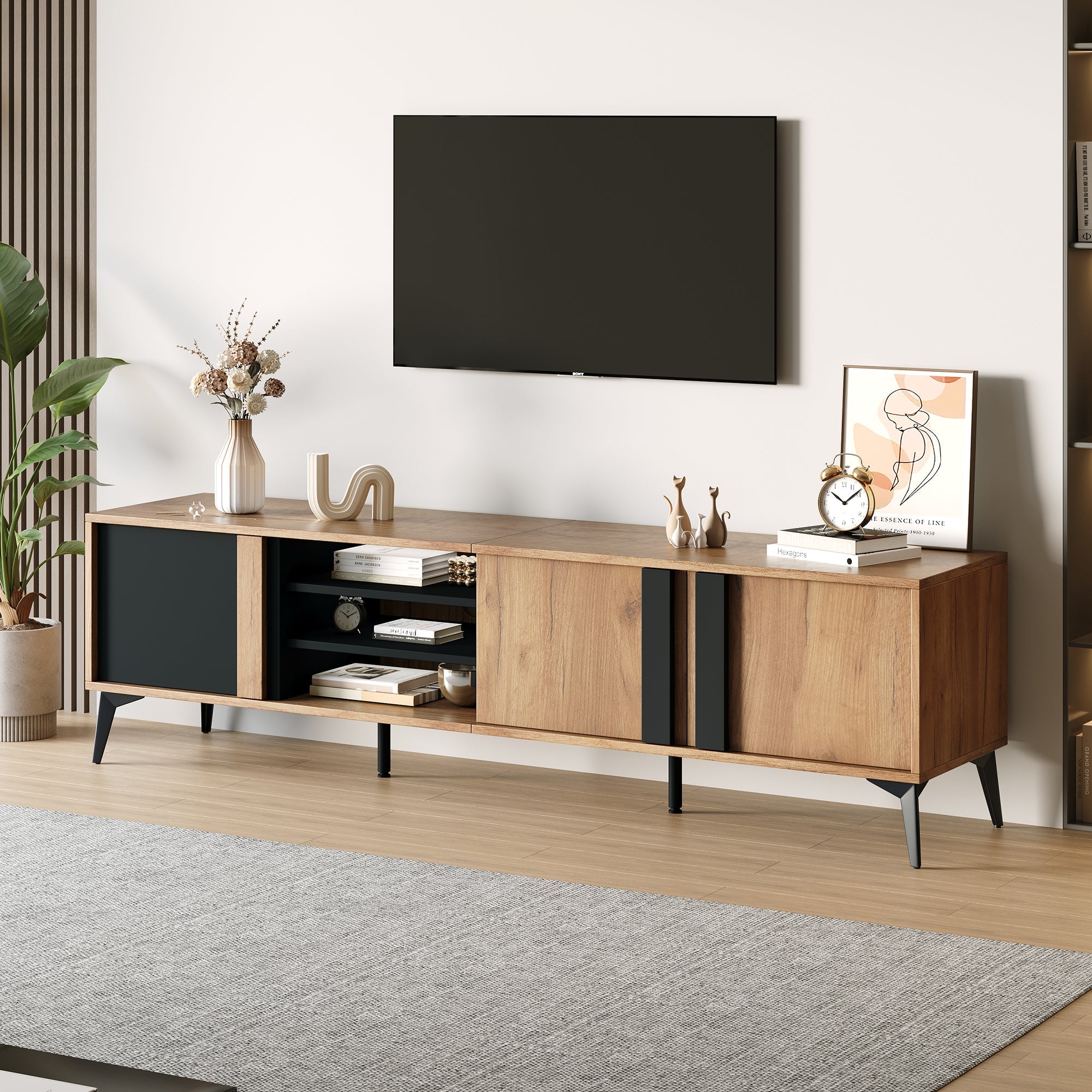 TV Cabinet, Lowboard TV Unit with Door & Open Compartment, 180cm, Rustic Brown