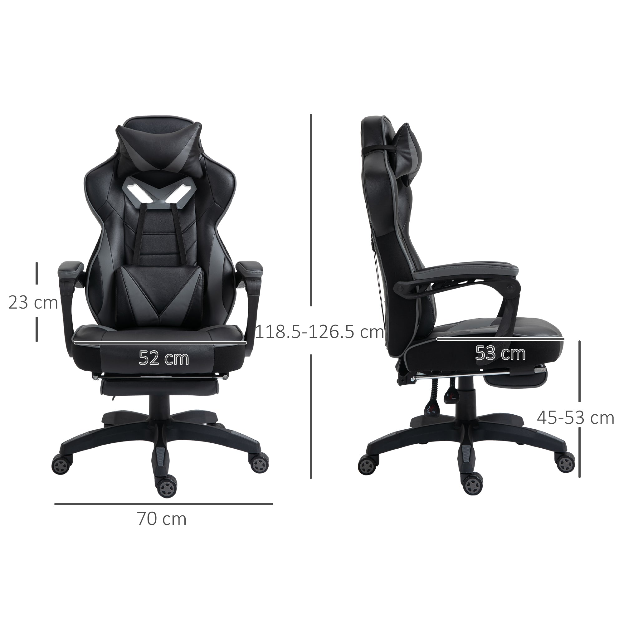 Computer Gaming Chair, Racing Style Lumbar Support Footrest Headrest Swivel Wheels, PU Leather Grey