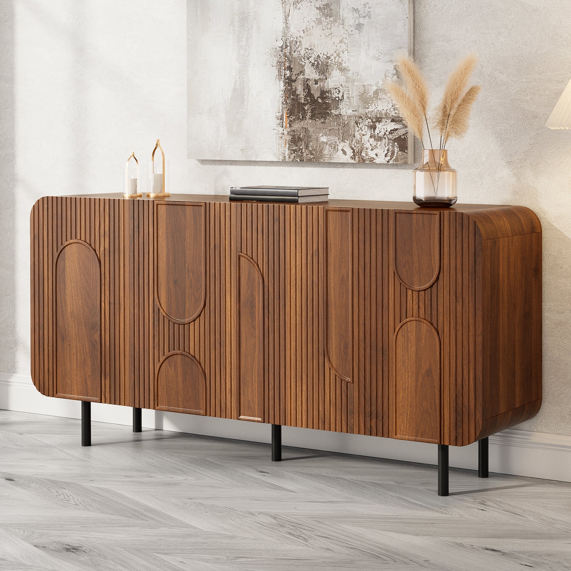 Mid-Century Sideboard with 4 Doors and 8 Compartments, Walnut Finish Wood and Metal