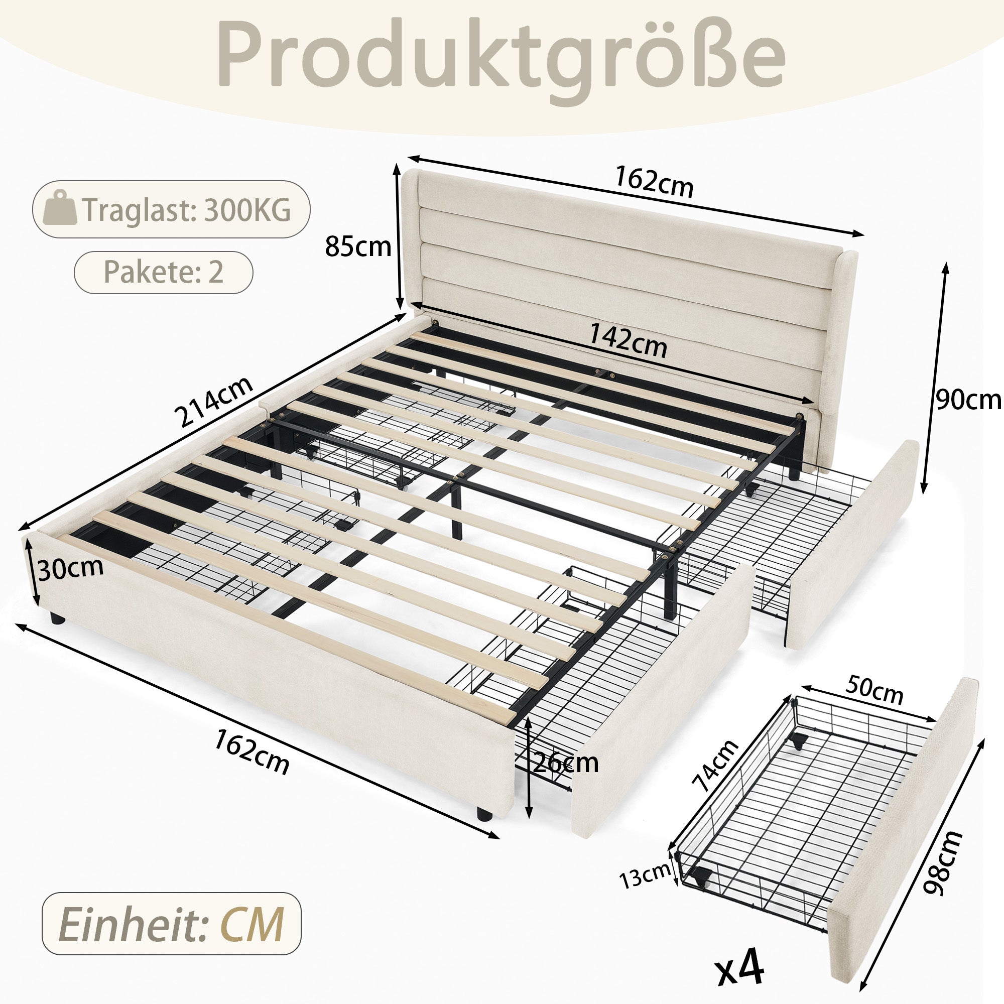 Double Bed 140x200cm 4 Storage Drawers Chenille - Beige