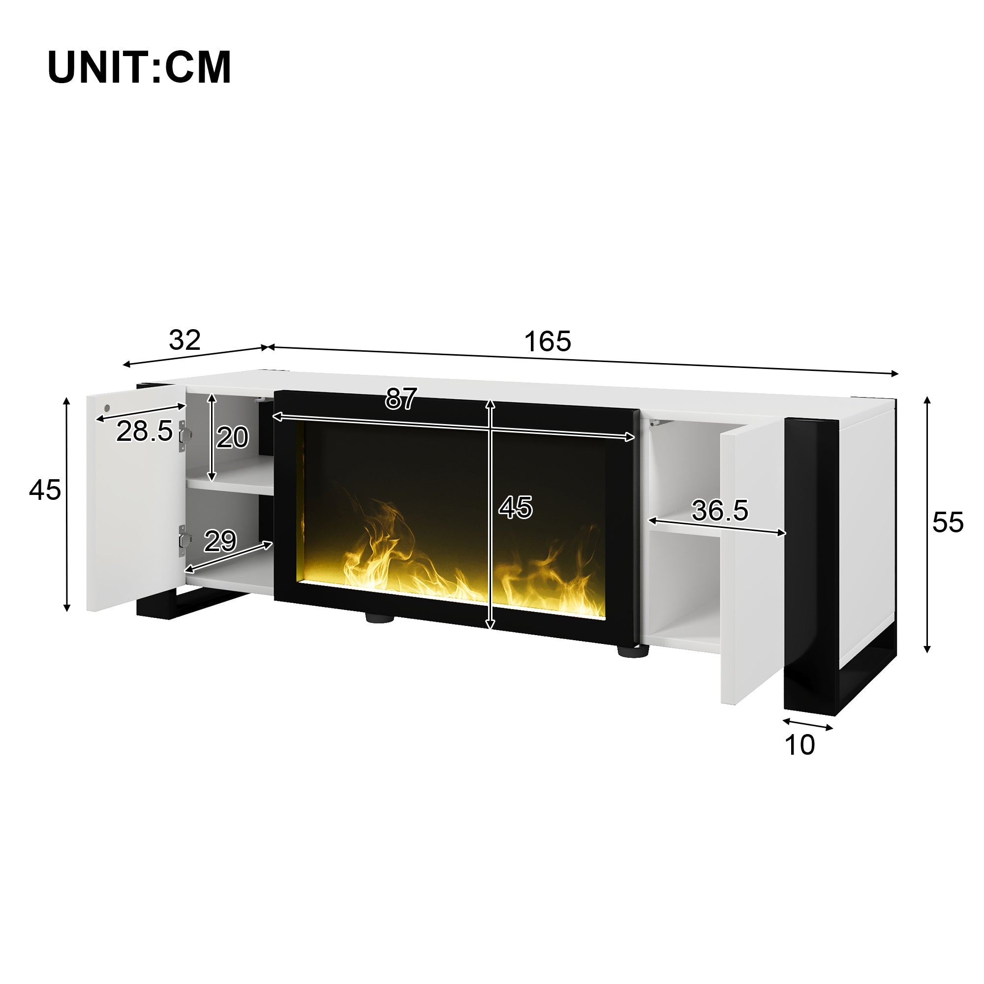 TV Cabinet, Lowboard Electric Fireplace High Gloss, White and Black
