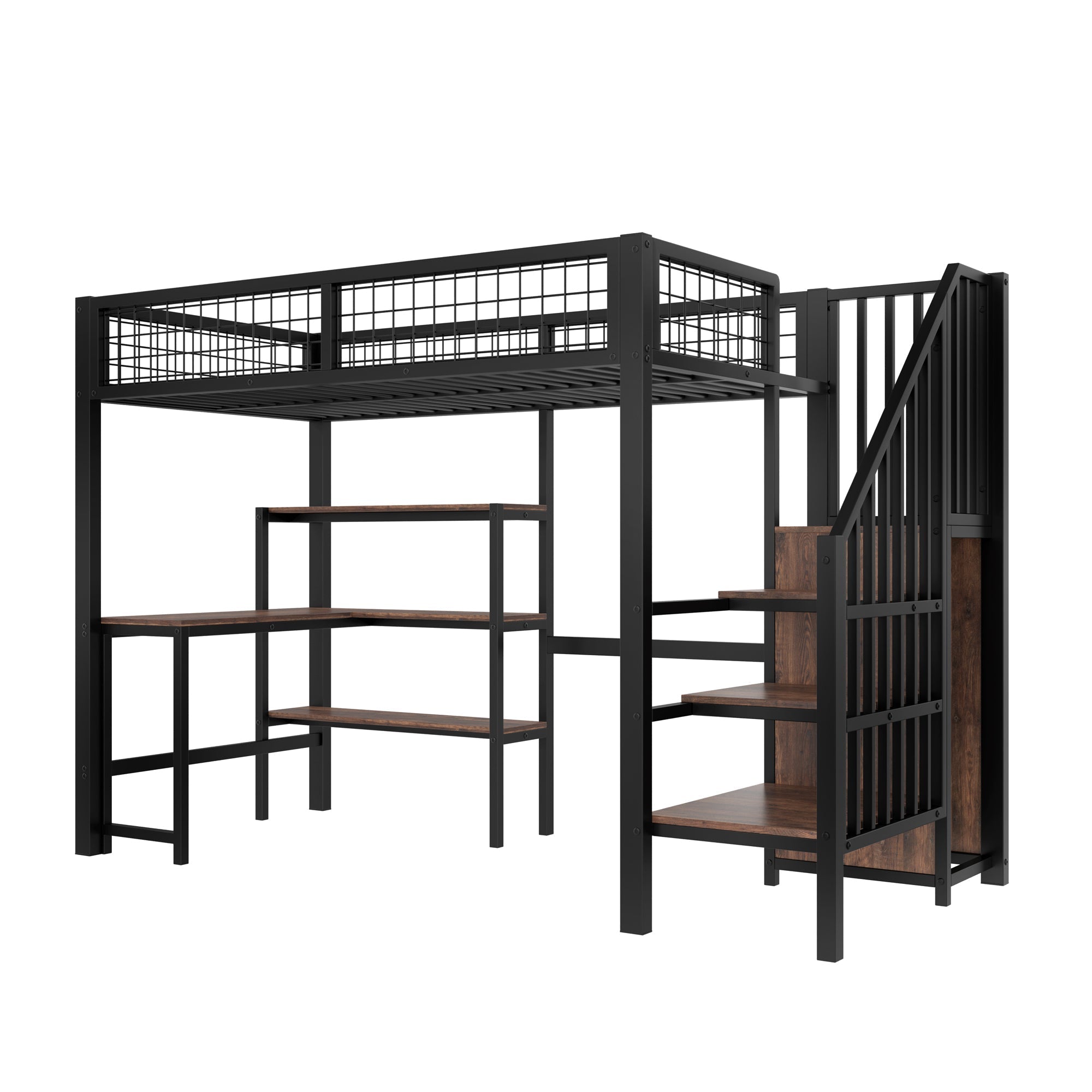 Loft Bed 90*200cm with Desk, Wardrobe and Storage Shelves, Black Iron and MDF